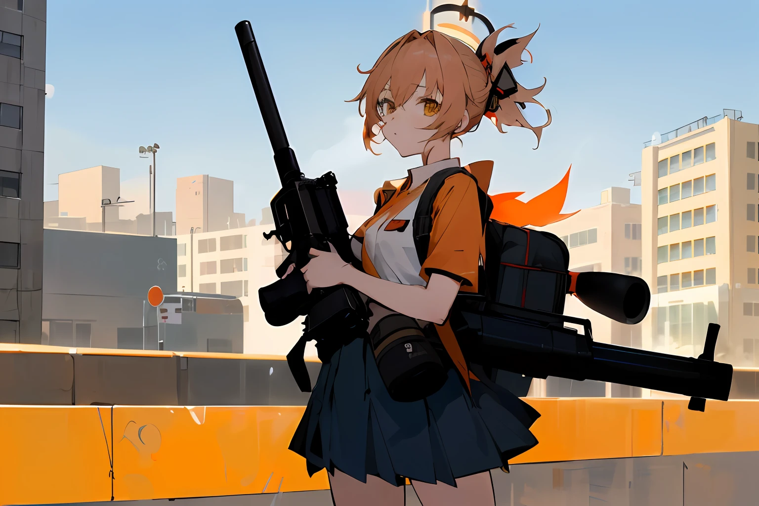 anime girl with a gun and backpack standing on a city street, m4 sopmod ii girls frontline, anime style 4 k, girls frontline style, anime machine gun fire, badass anime 8 k, from girls frontline, fine details. girls frontline, best anime 4k konachan wallpaper, guweiz, railgun, artwork in the style of guweiz