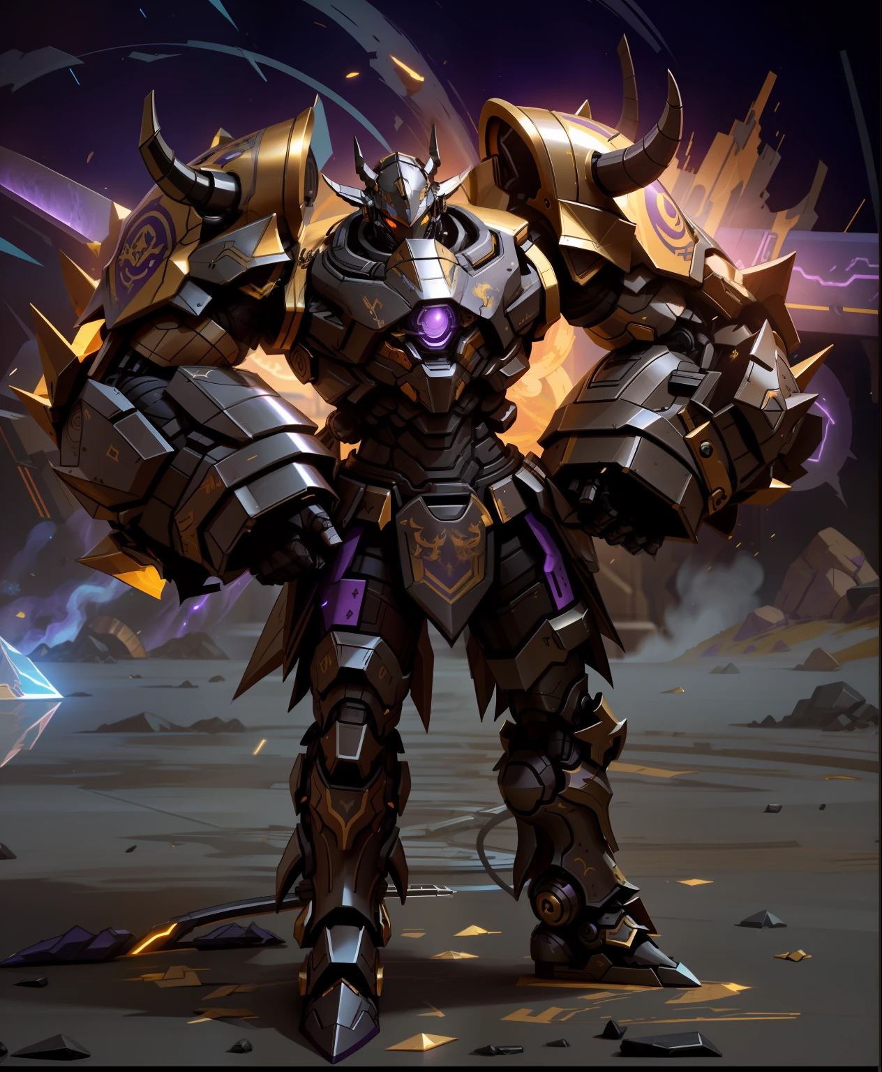 a close up of a robot with a glowing eye and a black background, corrupted armor, purple glowing core in armor, sleek glowing armor, sleek purple armor, heavy black obsidian armor, shadow armor, obsidians skin, demonic dragon inspired armor, intricate glowing mecha armor, sliver ice color reflected armor, alien armor, intricate assasin mecha armor, a warrior wearing heavy golden armor in the shape of a golden buffalo. head with 2 big buffalo horns