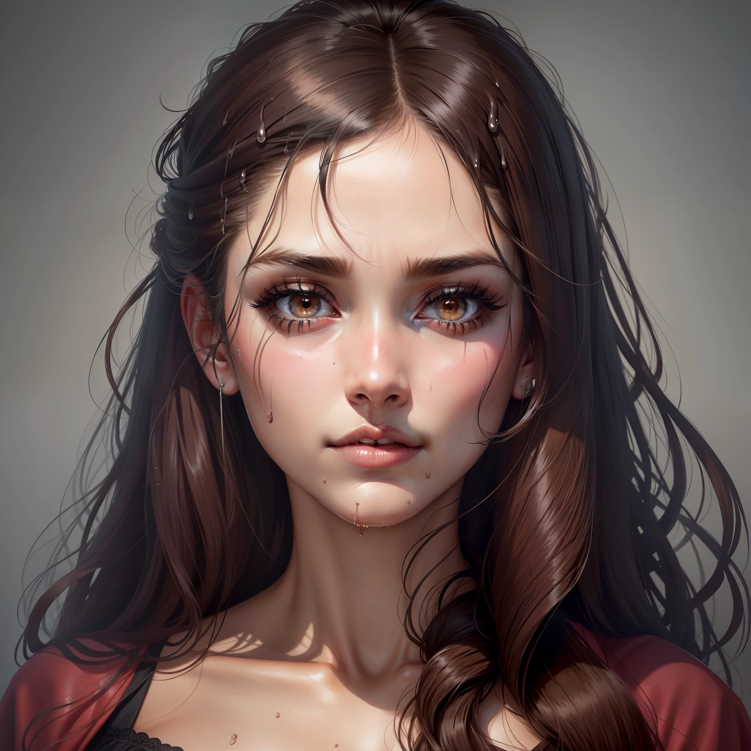 face, mascara, makeup, tired, tired, heavy breathing, after sex, saliva, messy hair, messy, wet face, big deep throat in mouth, detailed facial features, blush, embarrassment, long hair, realistic, high quality, best quality, high resolution