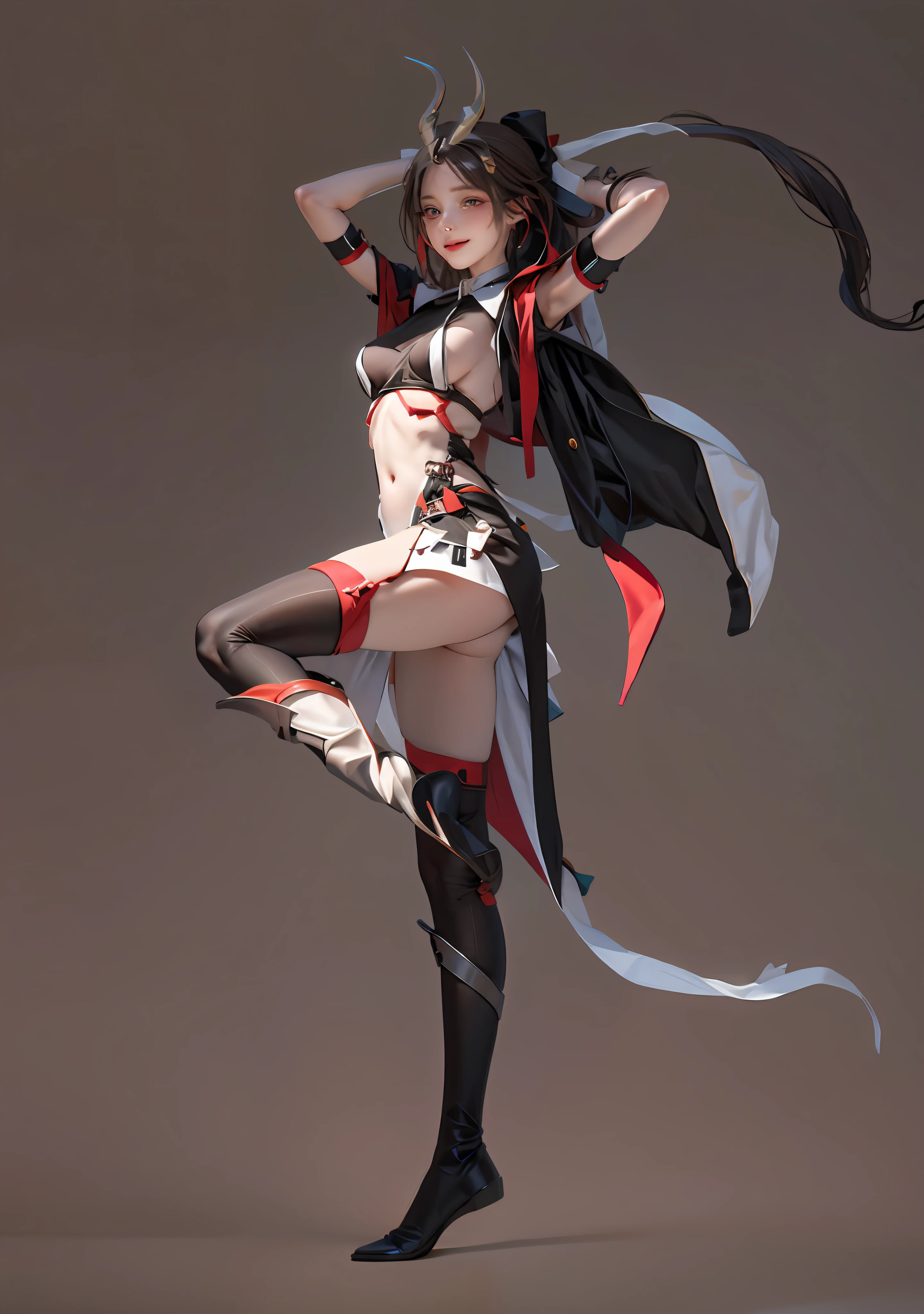offcial art, Unity 8k壁纸, ultra - detailed, Beautiful and beautiful, tmasterpiece, best qualtiy, Realistis, (natta:1.2), (1girll:1.3), (年轻:1.1), ssmile, Blushlush, long whitr hair, brunette color hair, ed hair, red eyes, Hair Bow, Moles under the eyes, (cinmatic lighting:1.2), horn, wariza,Delicate faciaures