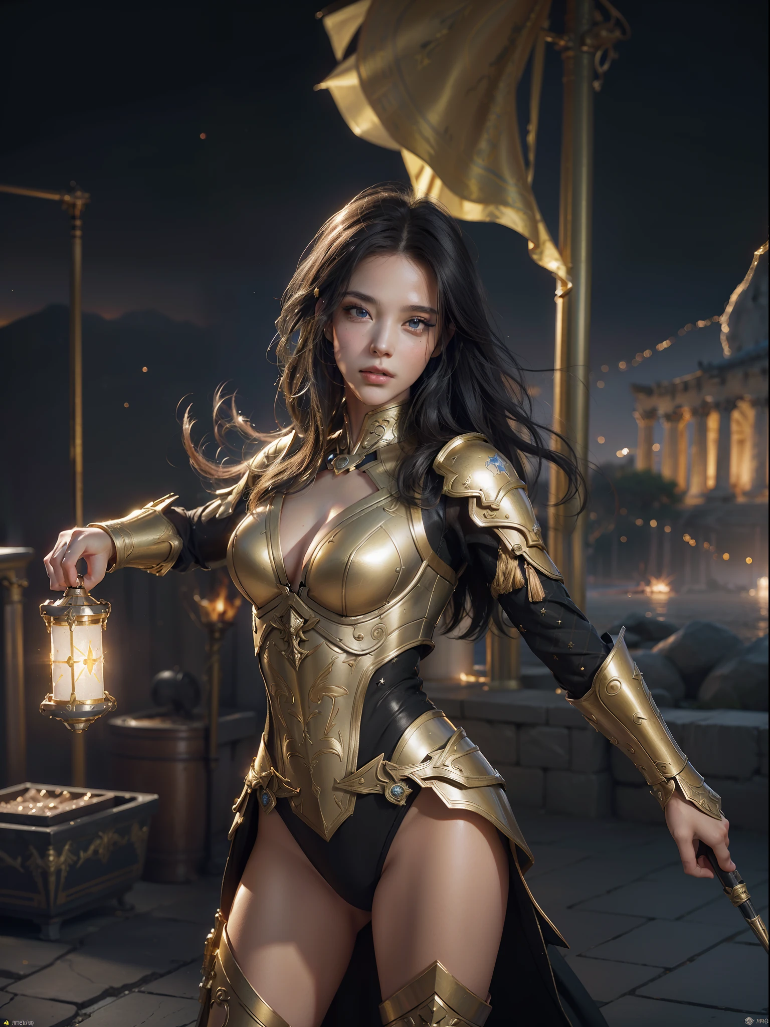 Valkyrie,dong,golden armour,Complex patterns,opulent,Greek temple,The background is a starry sky,(skin indentation:1.5), realisticlying, realisticlying, (Masterpiece:1.5), concept-art, intricately details, highly detailed, realisticlying, rendering by octane, 8K, unreal-engine, dynamicposes, Best quality at best, A high resolution, (photorealiscic face:1.1), (Hyper-realistic:1.1), perfect eyes,(shiny skins:1.2),Cast lightning, eletric, rotating flame, Radiant force, spark of light, smog, magia, ((Dramatic)), Epic, battlefiled, depth of fields, Background bokeh, 4K, ashes, Particle,