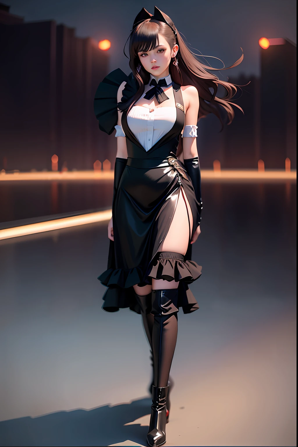 Arad woman in short skirt and black boots poses for a photo, Anime girl cosplay, cosplay of a catboy! maid! dress, Anime cosplay, full body with costume, The words "Zhibo" are embodied on the clothes