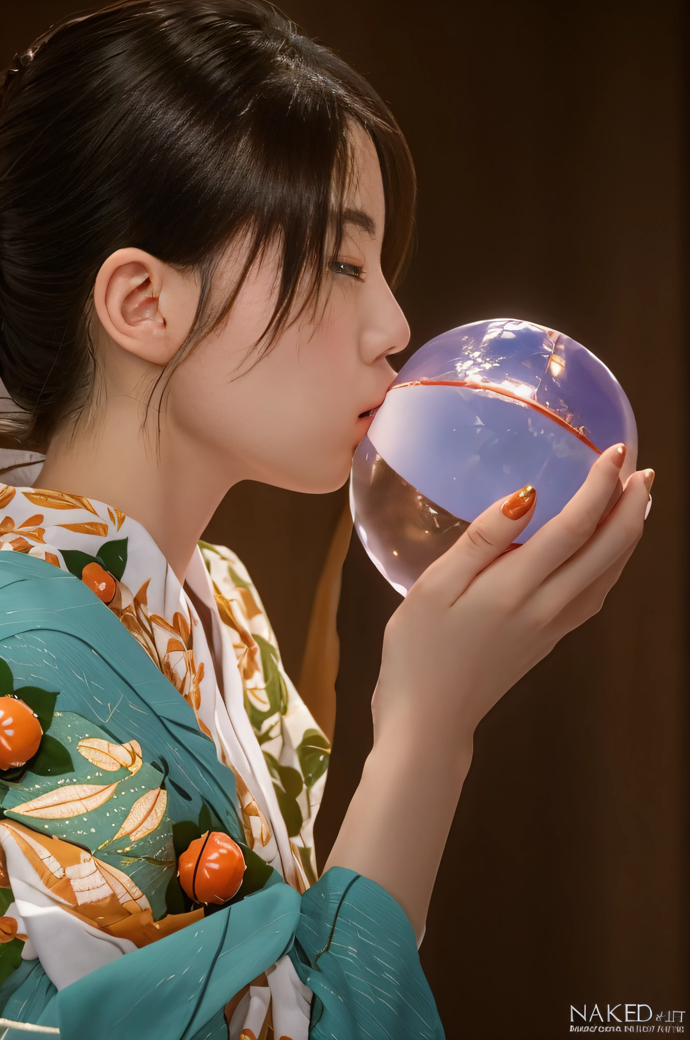 Alafed Asian woman in kimono kissing crystal ball, zora々Shishi Japan of Girls, Wearing a colorful yukata, she is eating a peach, she is easting a peach, A Japanese Lady, Japanese, bathrobe, zora々The beauty of the Japan, Japanese Models, Sana Takeda, Holding a crystal ball, Wearing a kimono, Ayaka