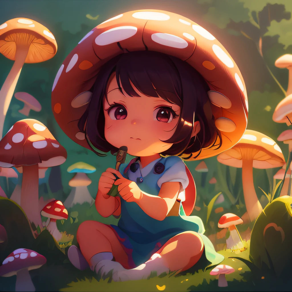 cartoon girl sitting in a field of mushrooms with a mushroom hat, adorable digital painting, childrens art in artstation, cute detailed digital art, cute digital art, cute detailed artwork, loish and goro fujita, cute art style, epic digital art illustration, cute cartoon character, by Goro Fujita, detailed digital painting, by Jason Chan, rossdraws global illumination