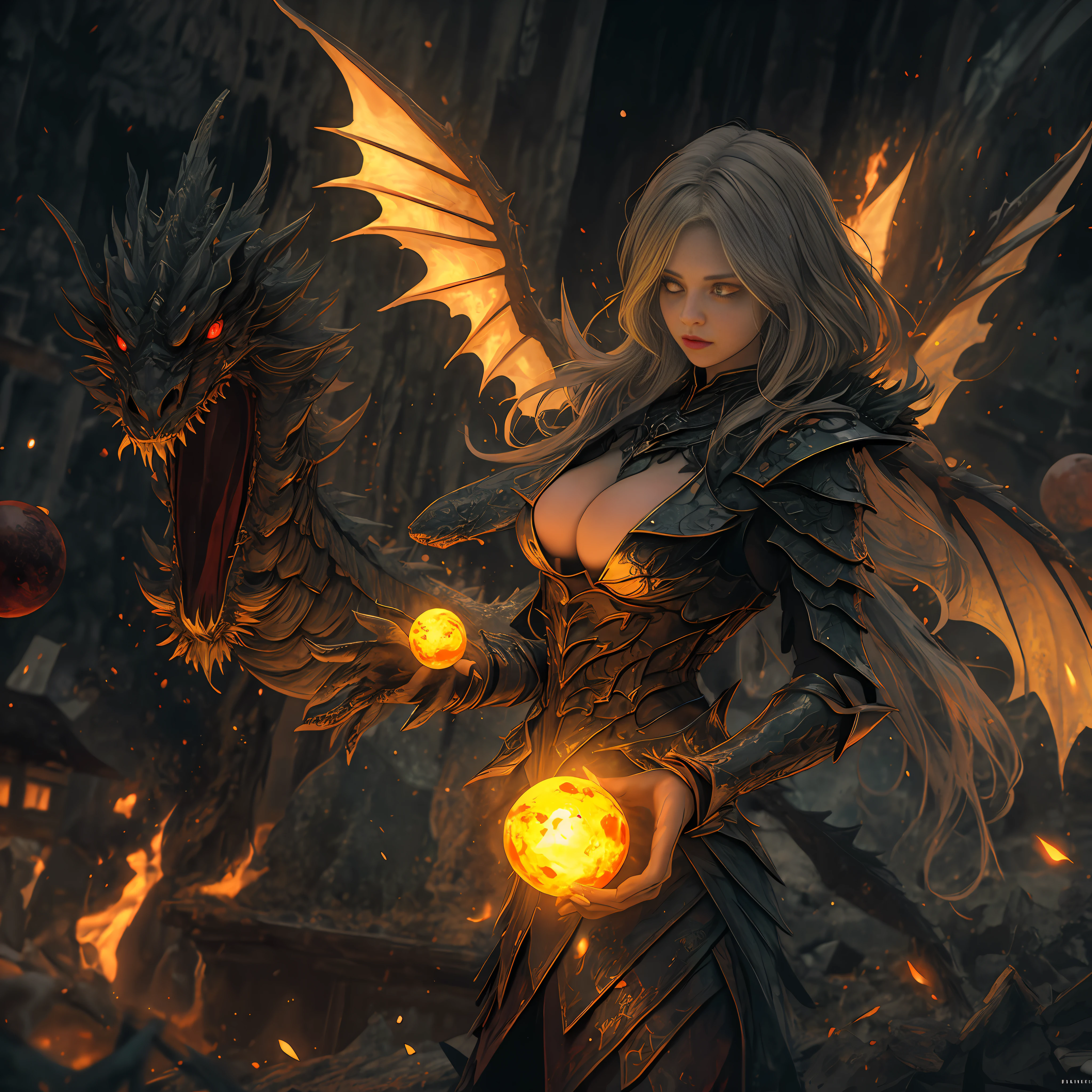 The scene is in a gloomy castle, big breasted female zombie red glowing eyes, energy balls in hands, depth of field, wearing dragon scale armor, a pair of wings, deep shadows, (gloomy: 1.4), (8k, RAW photo, best quality, Obra-prima: 1.2), humanoid
