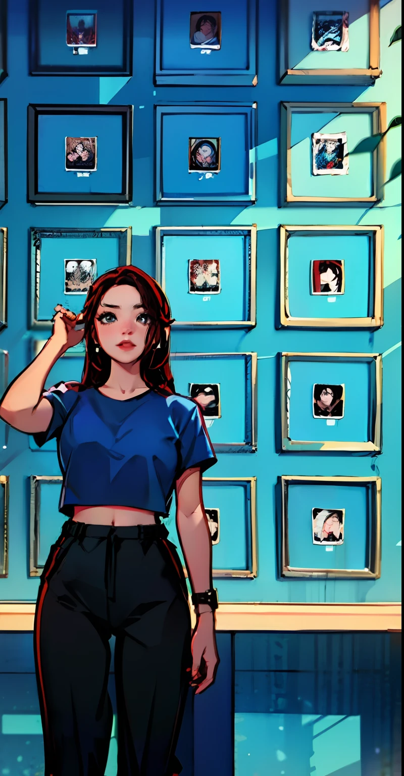 arafed woman in a blue crop top and black pants standing in front of a wall of cell phones, inspired by Cheng Jiasui, wenfei ye, xision wu, ((wearing a sexy blue cropped top)), taken in 2 0 2 0, inspired by Sim Sa-jeong, appearing in a shopping mall, in an art gallery], inspired by Lu Guang, wei wang, black and white, line art