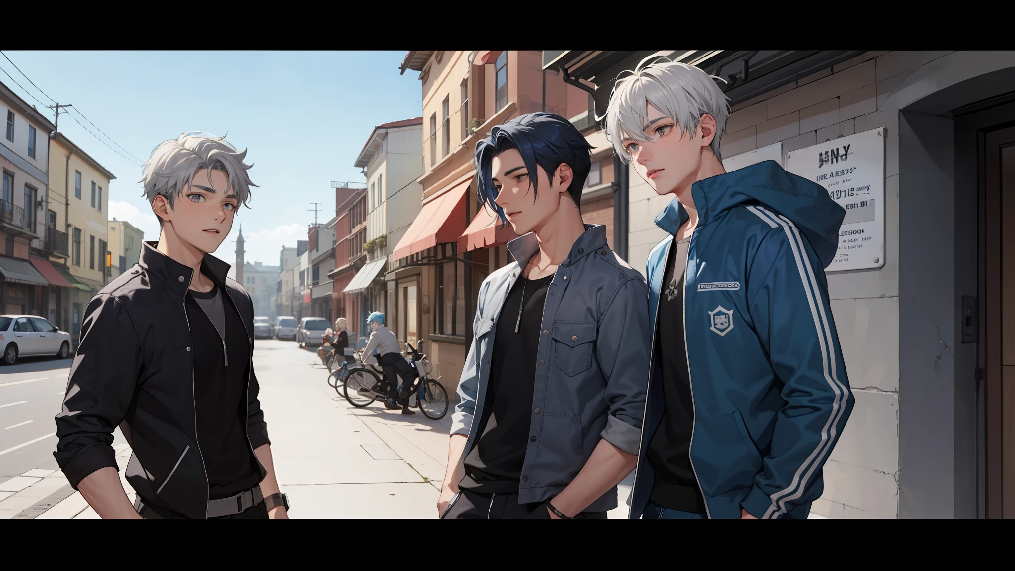 In the background is a silver city Two 15-year-old teenage friends with blue hair, With Latin skin and light gray hair on the outskirts of a large silver city they are talking about an important topic they are friends almost like brothers...............