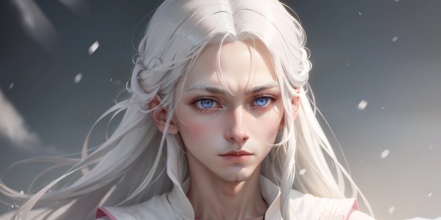 He has long silvery-white hair and snow-white skin, and pink pupils,