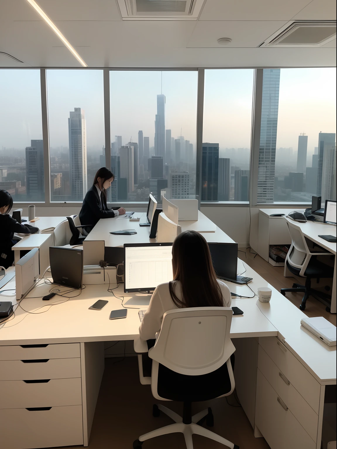 Scene of young women working in a big city：

1. Buildings：The backdrop is a towering skyscraper，It shows the busy cityscape。
2. Glass curtain wal：The glass curtain walls inside and outside the office reflect the bustle and bustle of the city，It presents the characteristics of a modern city。
3. Computers and files：Young woman sitting intently at desk，Computer and documents in hand，Show professionalism and seriousness in their work。
4.The office is full of people，Exchange and cooperation with each other，Show busyness and tension at work。
5. The clock on the wall shows the urgency of time，Remind young women to complete tasks within a time limit。
6.The expressions and gestures of young women show their focus、self-assured、Perseverance or sometimes a hint of exhaustion，Convey emotions and attitudes at work。
7. The light in the picture can highlight the importance and urgency of young women's work，The color can be selected according to the atmosphere of the scene，Such as bright white light or warm light tones。
8. Through the window you can see the busy city streets and traffic，It presents a fast-paced and bustling scene in a big city。