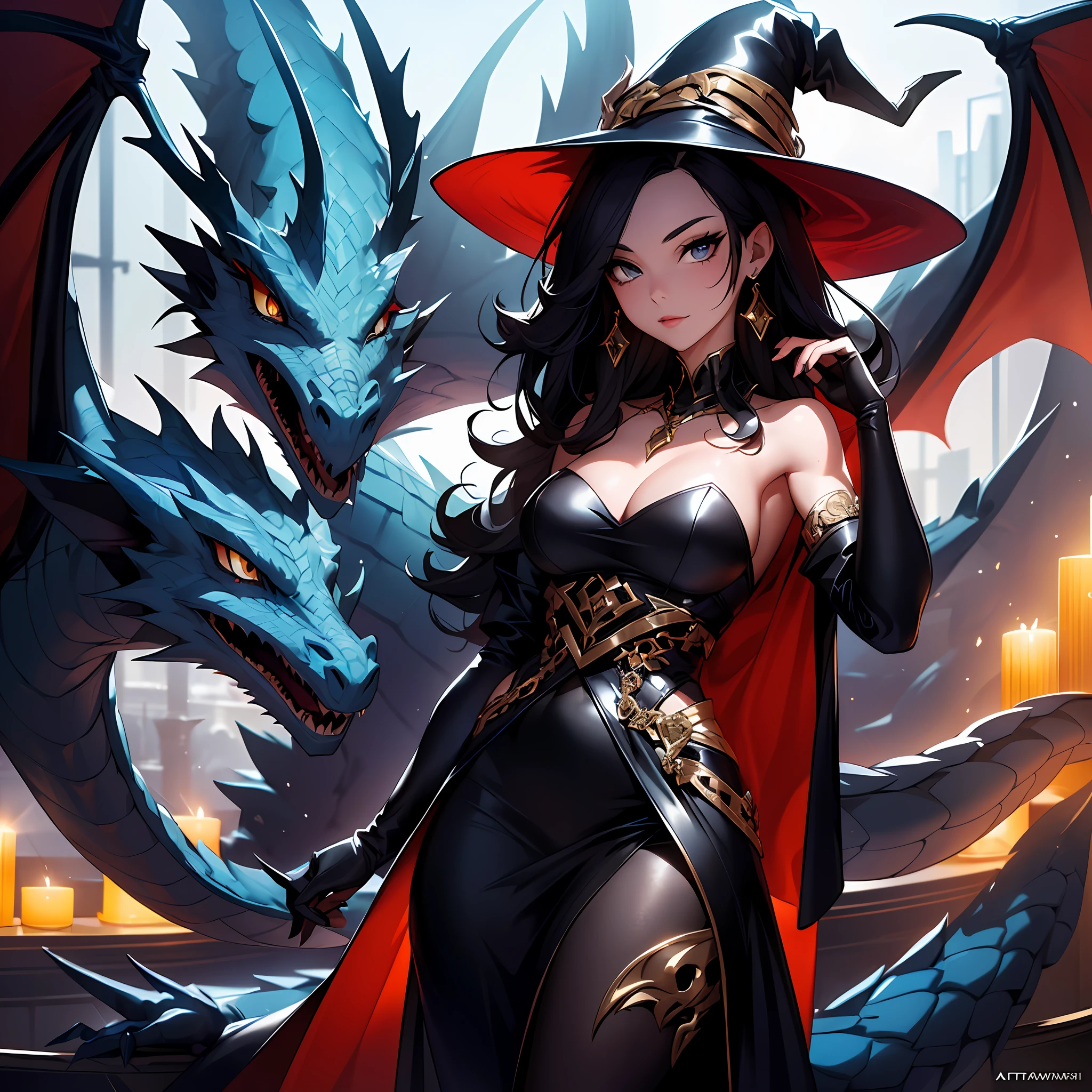 "(A captivating portrayal of a stylish witch with a dynamic pose, accompanied by a majestic dragon in a fantastical setting.)"