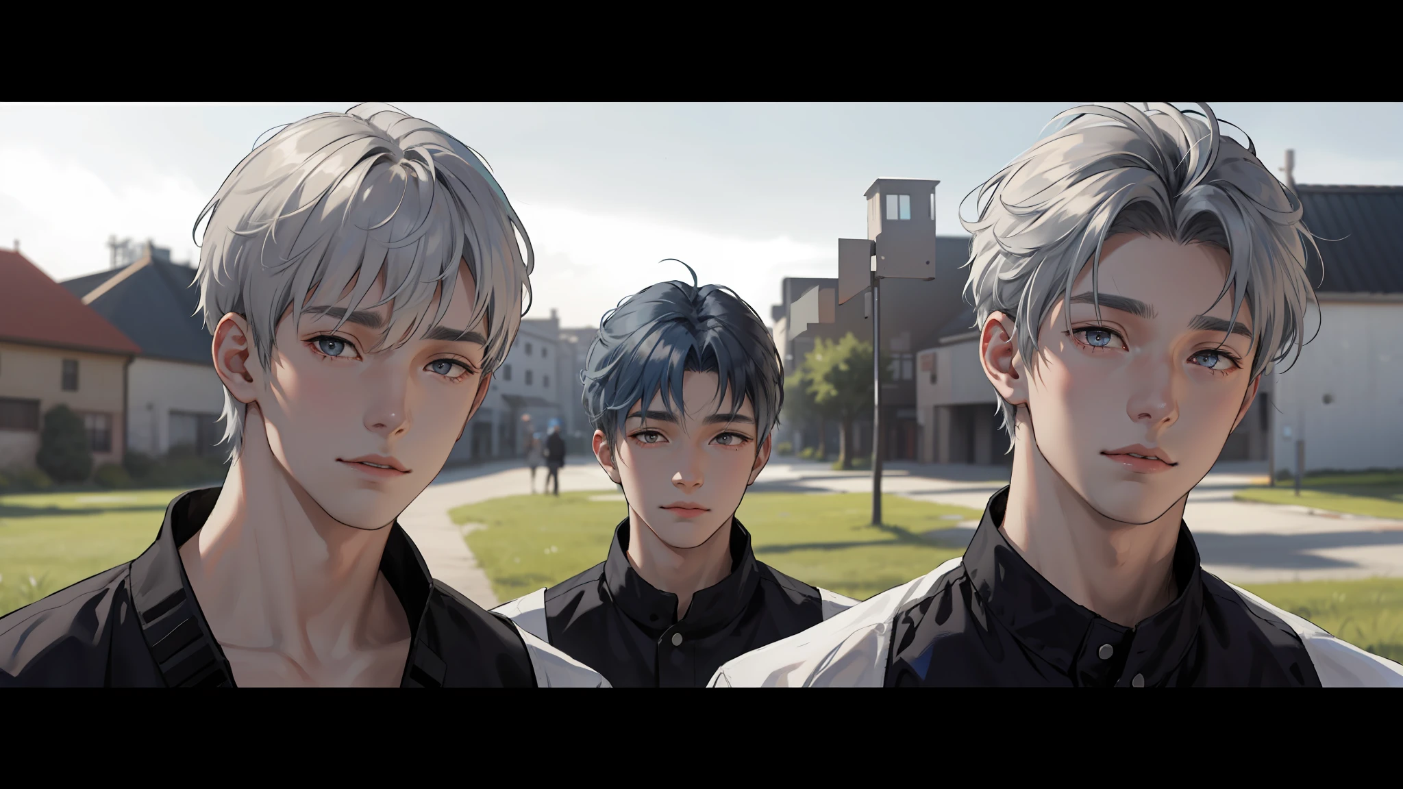 In the background is a silver city Two 15-year-old teenage friends with blue hair, With Latin skin and light gray hair on the outskirts of a large silver city they are talking about an important topic they are friends almost like brothers...............