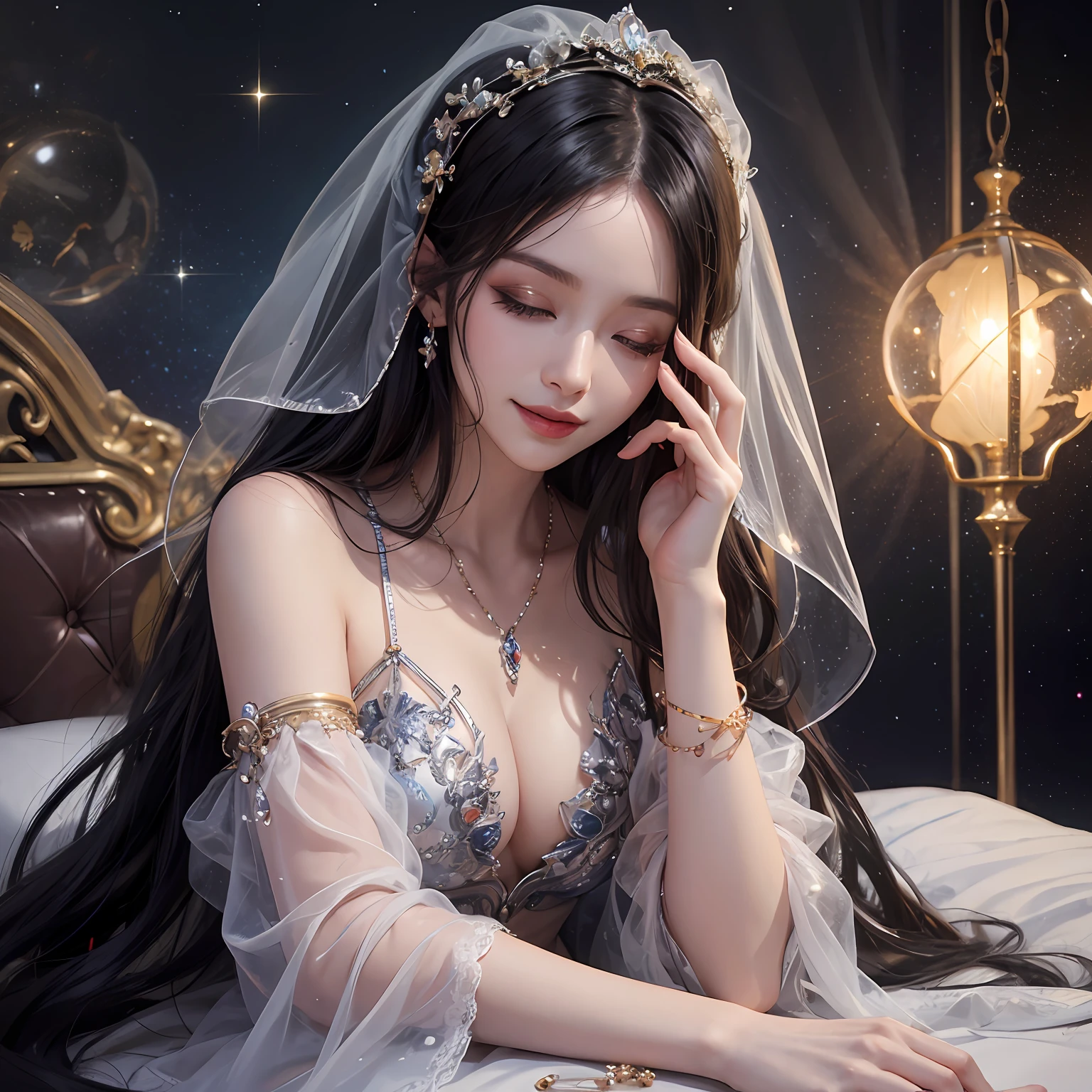 Black hair, Gradient hair, There are precious stones on the forehead, rimless eyewears, mouth veil, Sparkling pupils，long eyelasher, One eye closed, grin, hyper photorealism, Cinematic lighting, projected inset, surrealism, hyper HD, Masterpiece, 16k，Lie down in bed，In a dream，Wear transparent silk pajamas，twincest，Entangled，Fantasy space，Luxurious space