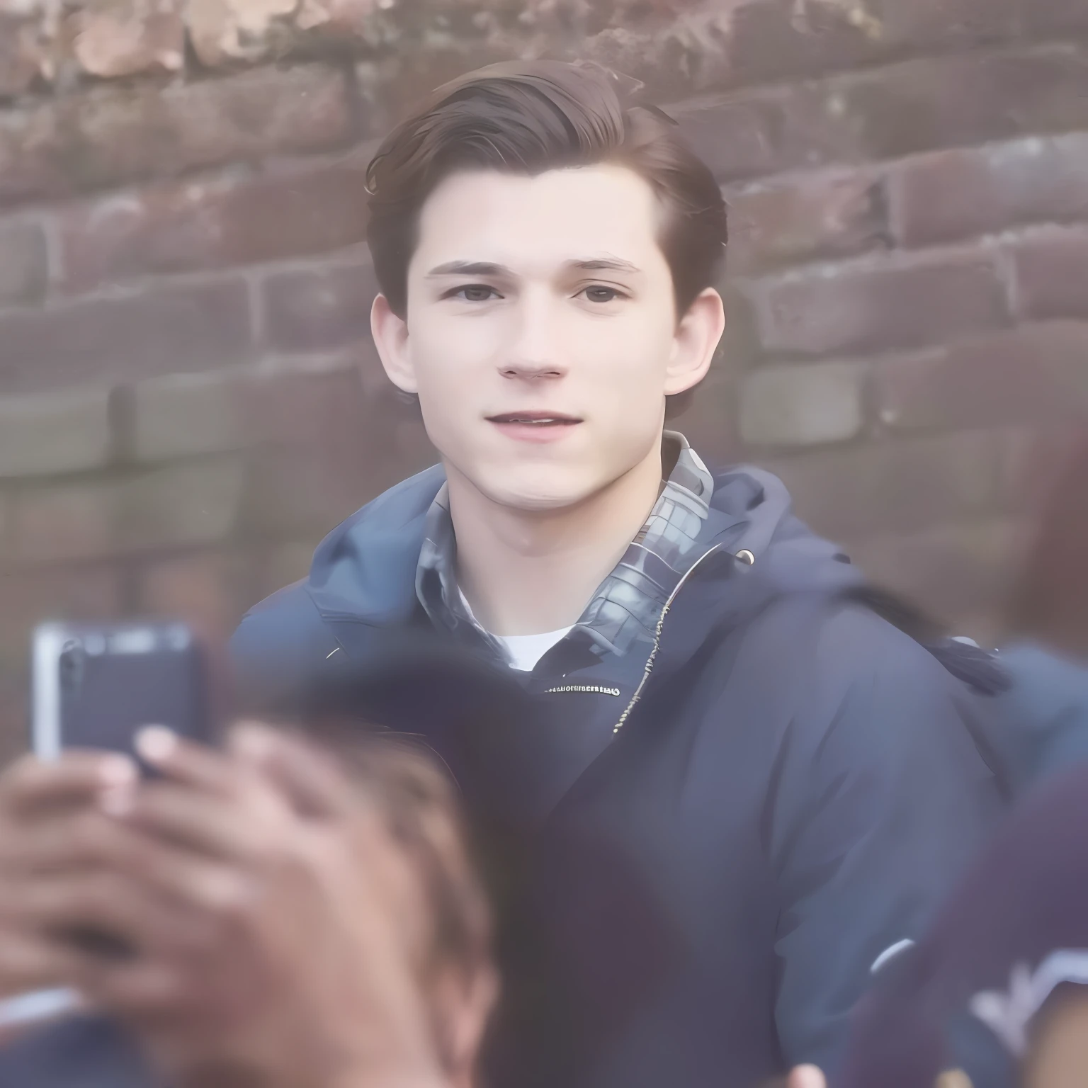 There was a man taking a picture of himself, peter parker, Tom Holland, peter parker as spiderman, on set, Portrait of Tom Holland, Tom Holland 飾演 The Hulk, A slight smil, really good looking face!!, very slightly smiling, He looks like Ty Sheridan, looking defiantly at the camera, A slight smil, smiling wryly