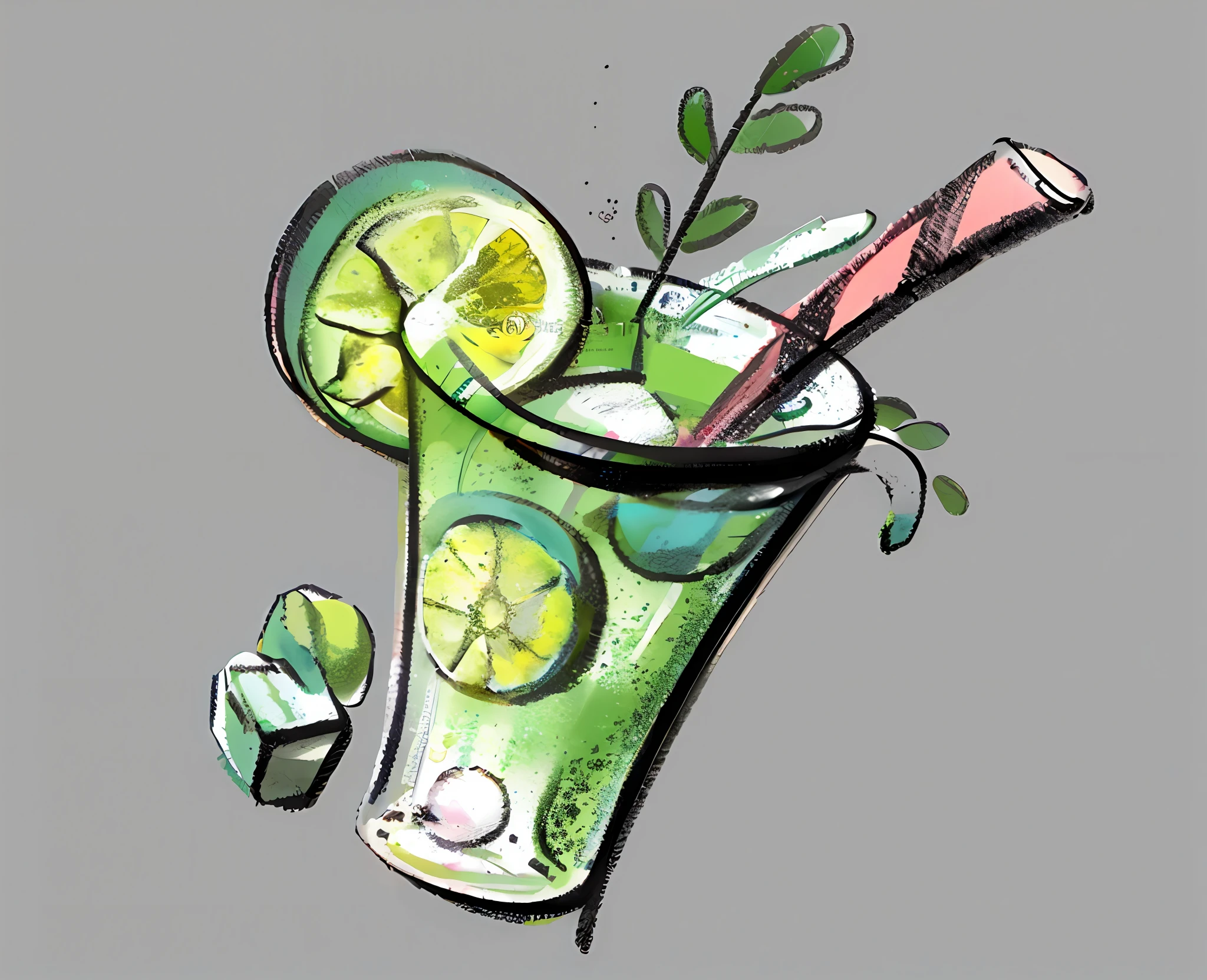 lemon tea,Amazing drink illustration, drawn with photoshop, expressive digital painting,Thick and dashed lines,Bright colors,Lemon slices,drinking straw,ice cubes,Ccup,A plant,,The charcoal lines are very graphic,The black lines are very graphic,A combination of brush and color,Very special