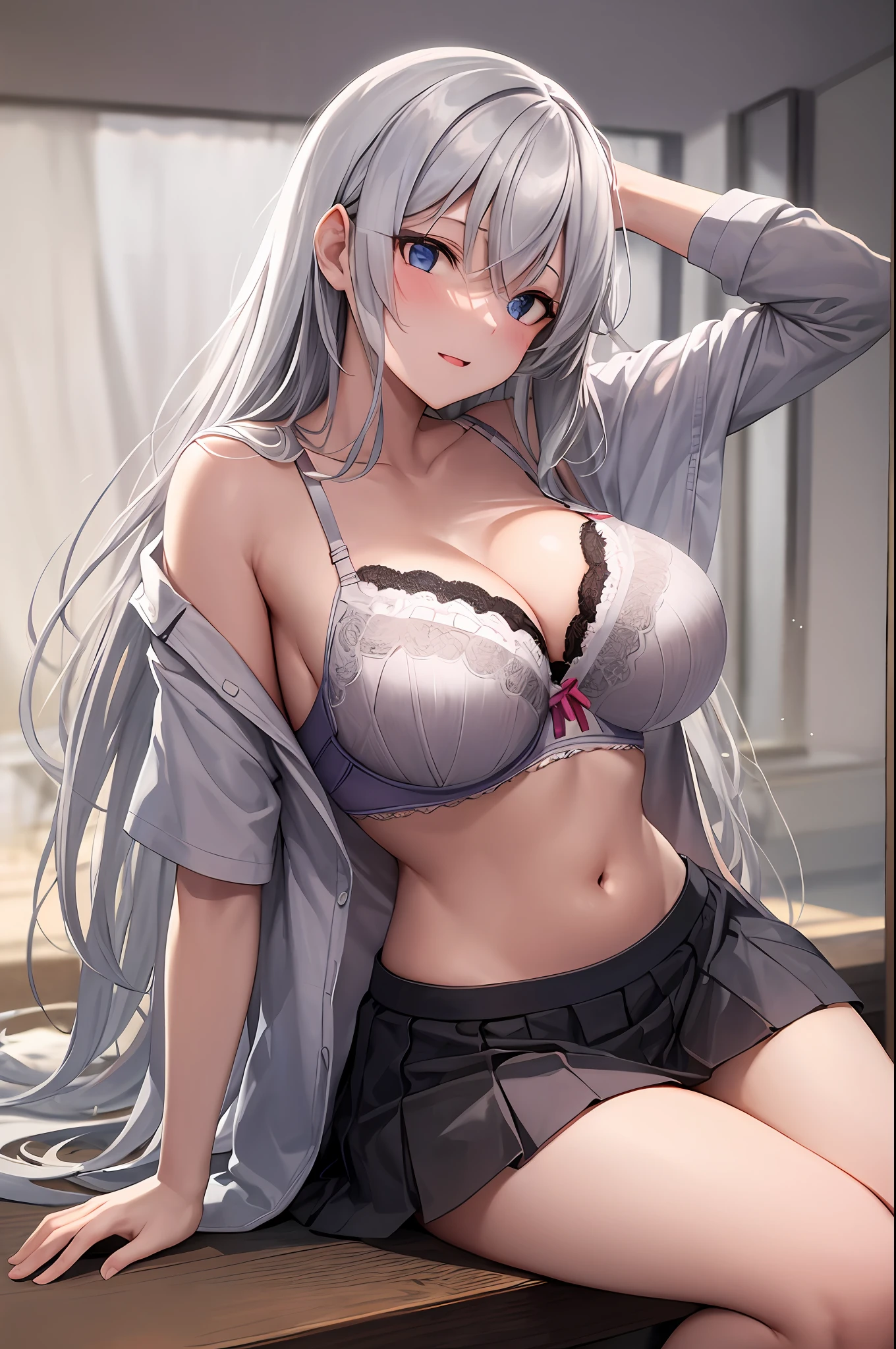 1elaina, silver hair, large breasts, cleavage, navel, t-shirt, ((bra)),clothes lift, skirt, lying, full Body, sexy body ,sitting, ahegao