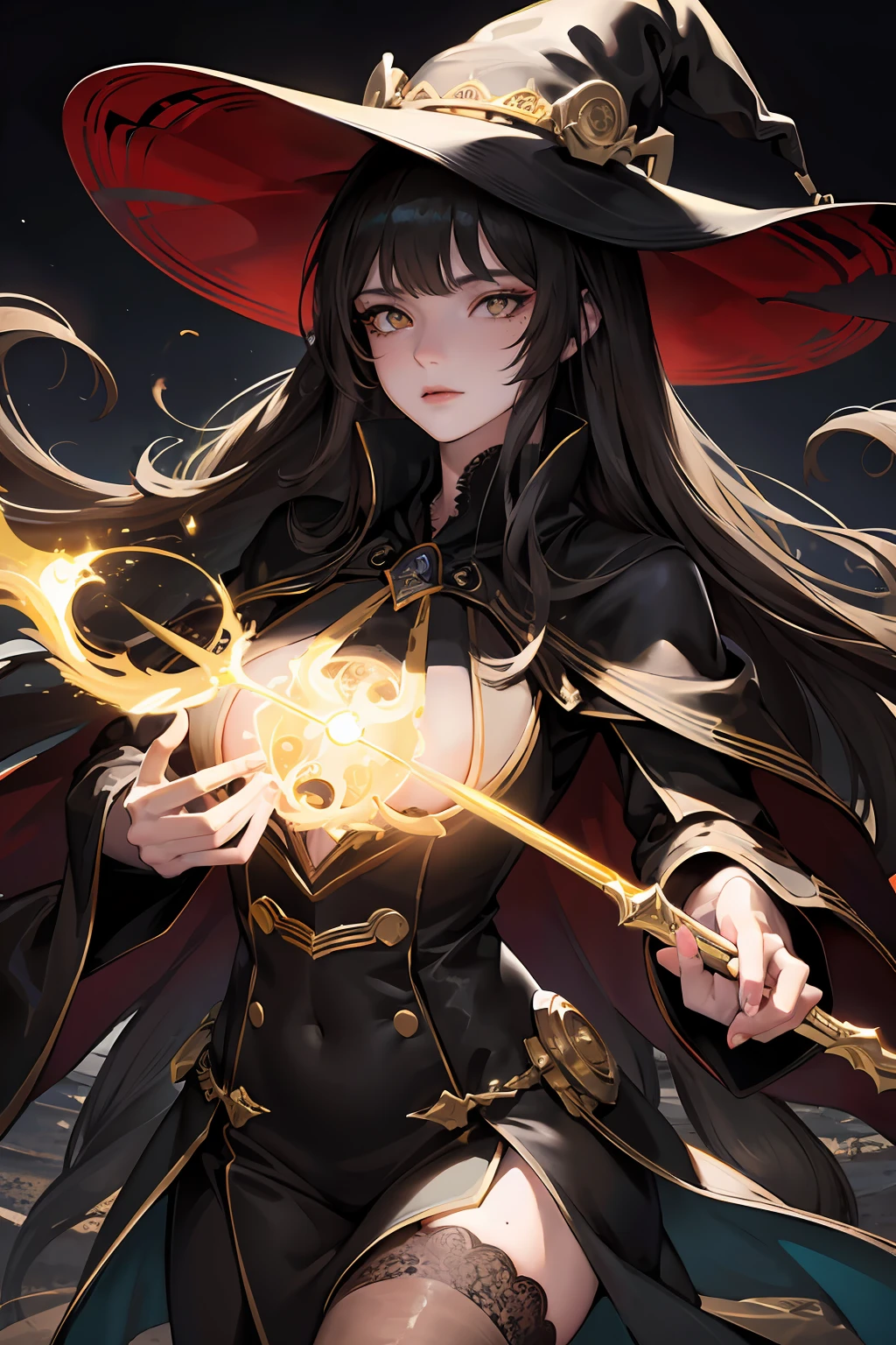 best quality, masterpiece, extremely detailed character, 1woman, long hair, yellow eyes, blunt bangs, solo, sharp focus, beautiful detailed eyes, masterpiece woman, mature, evil glare, adult, amco, cinematic lighting, warm light, black hair, extremely detailed character, witch hat, cabin background, white lace, semi-realistic anime painting, full body, mole under eye