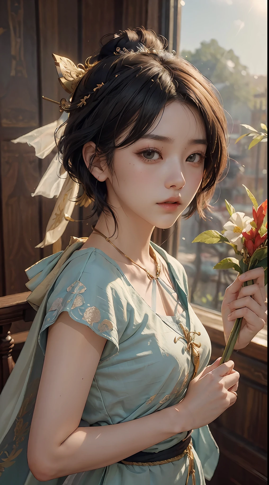 (RAW Photography、top-quality)、(realisitic、Photorealsitic:1.3)、top-quality、high-detail、masterpiece、ultra-detailliert、illustratio、1girl、((very_short_hair))、dynamic ungle、world masterpiece theater、messy_black_hair、top-quality、the Extremely Detailed CG Unity 8K Wallpapers、inky、magnifica、电影灯光、lens_flare、dunhuang_style