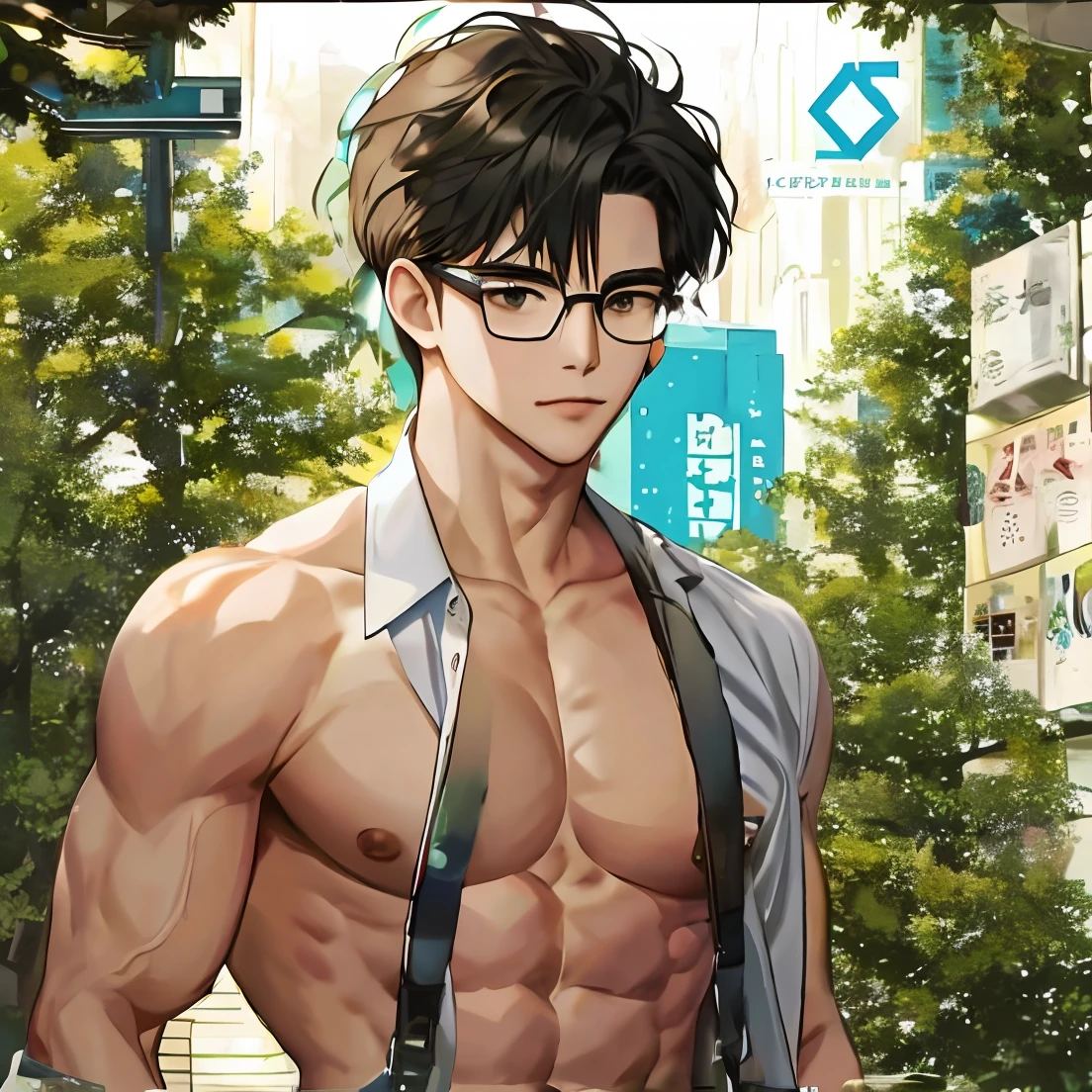 Wearing round glasses、eye glass、Upper body naked、well-muscled