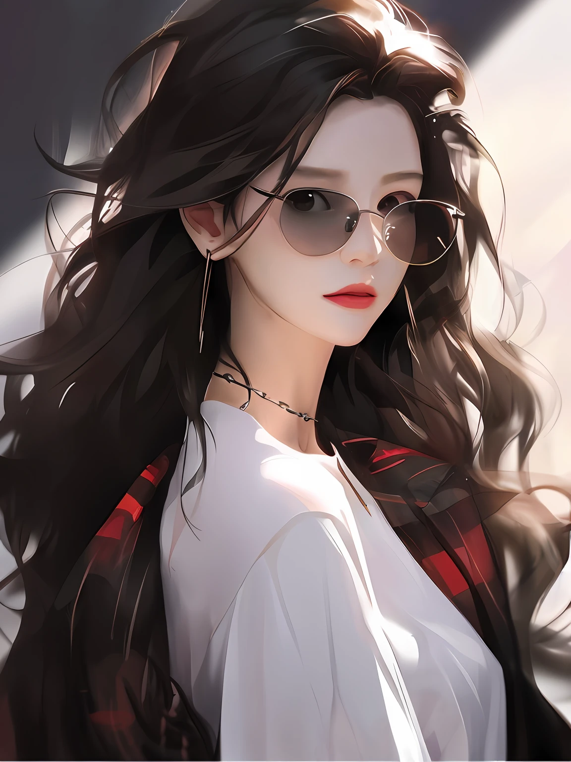 One was wearing sunglasses，Woman with necklace around her neck, Guviz-style artwork, by Yang J, inspired by Yanjun Cheng, Guviz, in the art style of bowater, Exquisite digital illustration, digital art of an elegant, stunning art style, high quality portrait, Beautiful digital illustration, elegant digital painting, trending on artstration