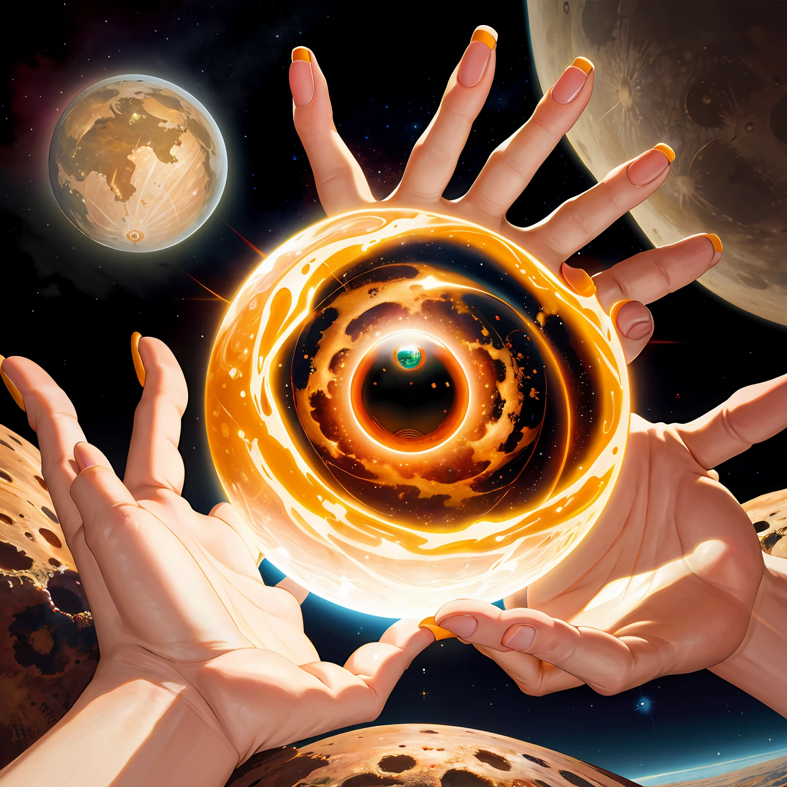 **it is a hand with oculi's eyes in the middle of a hand in the style of steve hillier, lunarpunk, childlike illustrations, cosmic visions, photo-realistic hyperbole, emek golan, exaggerated perspectives --s 50 --q 2