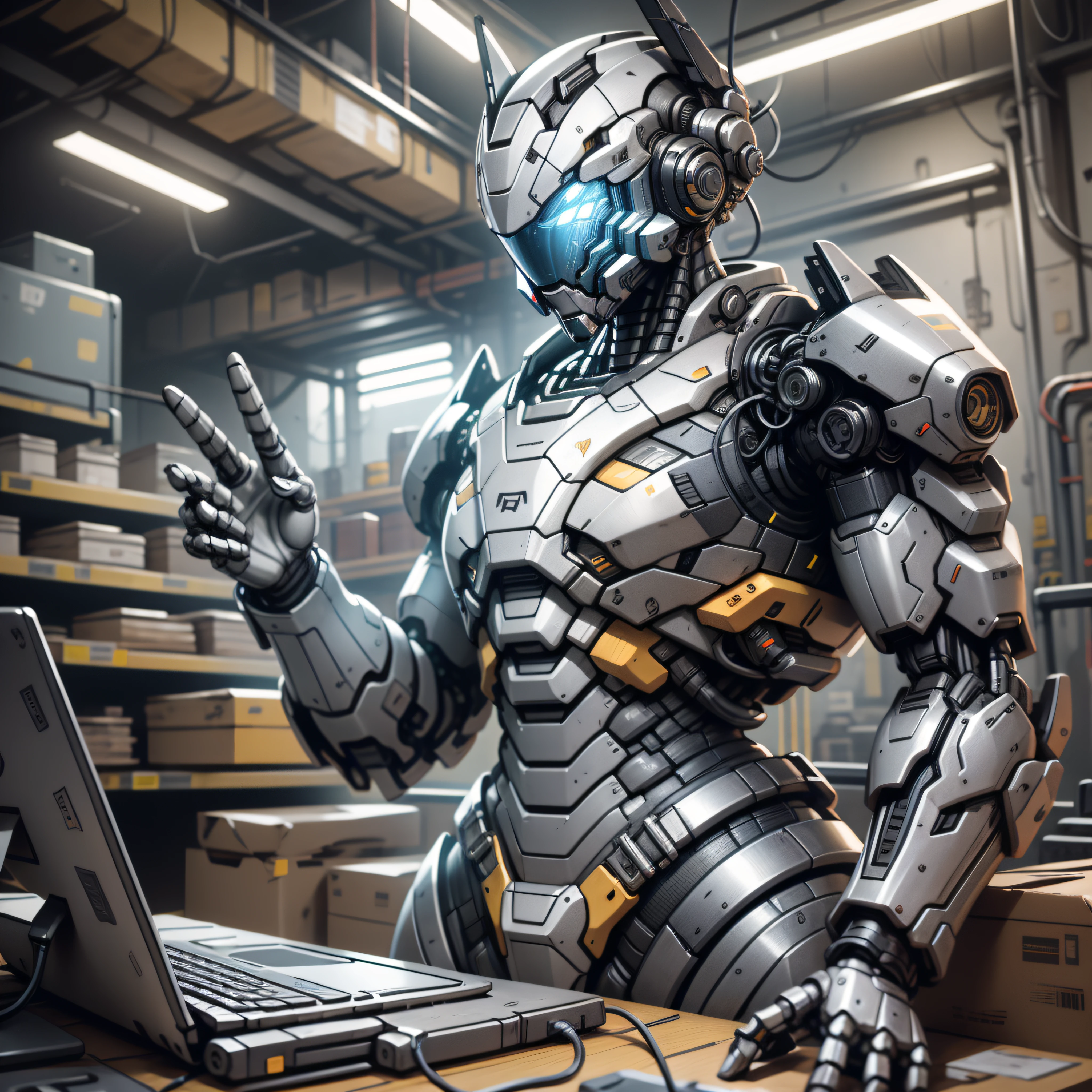 (masterpiece, best quality),  intricate details, photo, realistic, unreal engine, Gray chrome and blue chrome
 Mecha, humanoid robot, robot, robot joints, joints, helmet, armor, robot man, new, cyberpunk warehouse, computer terminals, arcing electricity,  sp3ct4,  dark atmosphere,
