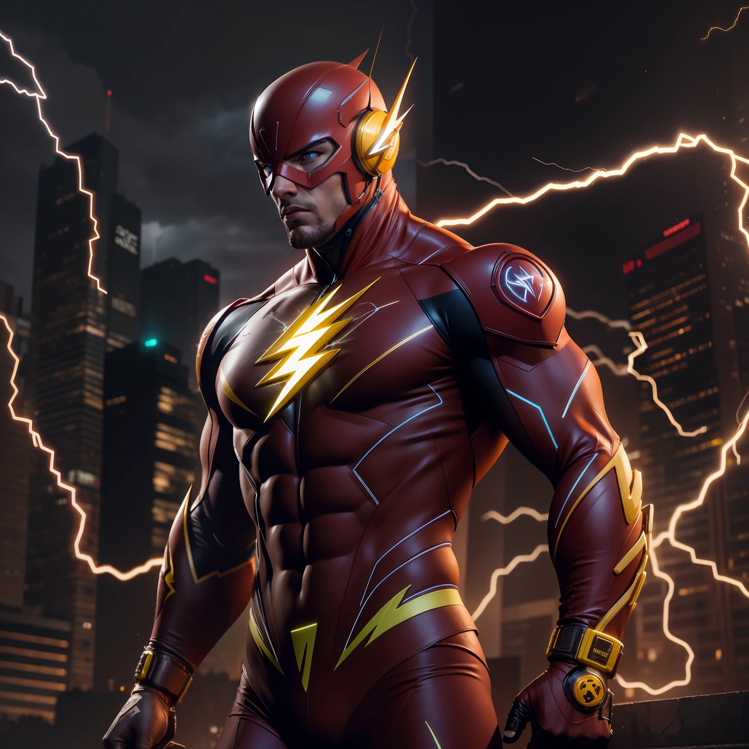 The Flash,Best quality grade,A high resolution, Tall, Muscular, hunk, White plate and red neon set, Large glowing yellow eyes, Stand in a strong position, With yellow lightning tracks on his body, Detailed face, Detailed suit, Ultra detailed, Masterpiece, Light tuning in the background, 4K, RAW photo, Low camera angle,Virtual engine rendering,Sprint cyberpunk flash , Summon masks, glowing bright yellow eyes, body builder, jogging, urban in the background, lightning in sky, Hyper-detailing, hyper realisitc, cinematic ligh ,rendering by octane, 16k,salama,The body is surrounded by lightning,Zack Schneider film style