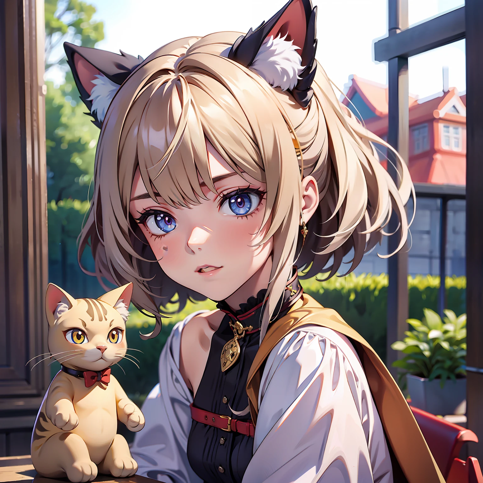 Anime girl with cat ears sitting at a table with a cat - SeaArt AI