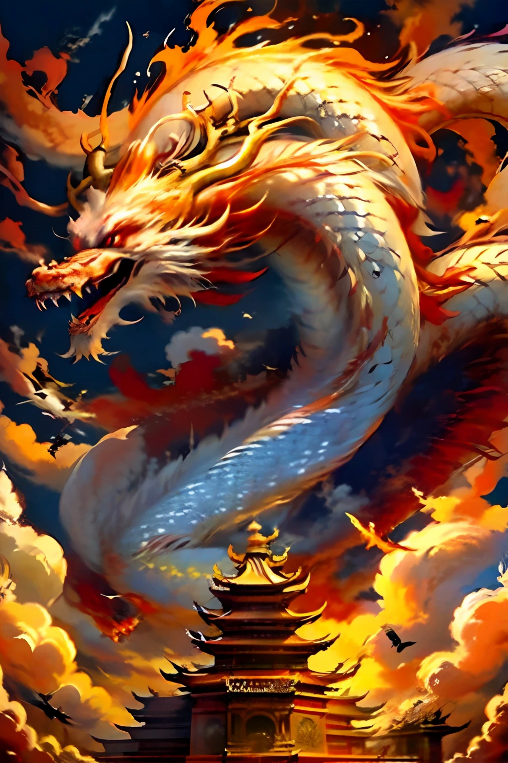 Best quality,masterpiece,ultra high res,nu no humans, (long:1.2),no humans, cloud, architecture, east asian architecture, red eyes, horns, open mouth, sky, fangs, eastern dragon, cloudy sky, teeth, flying, fire, bird, wings