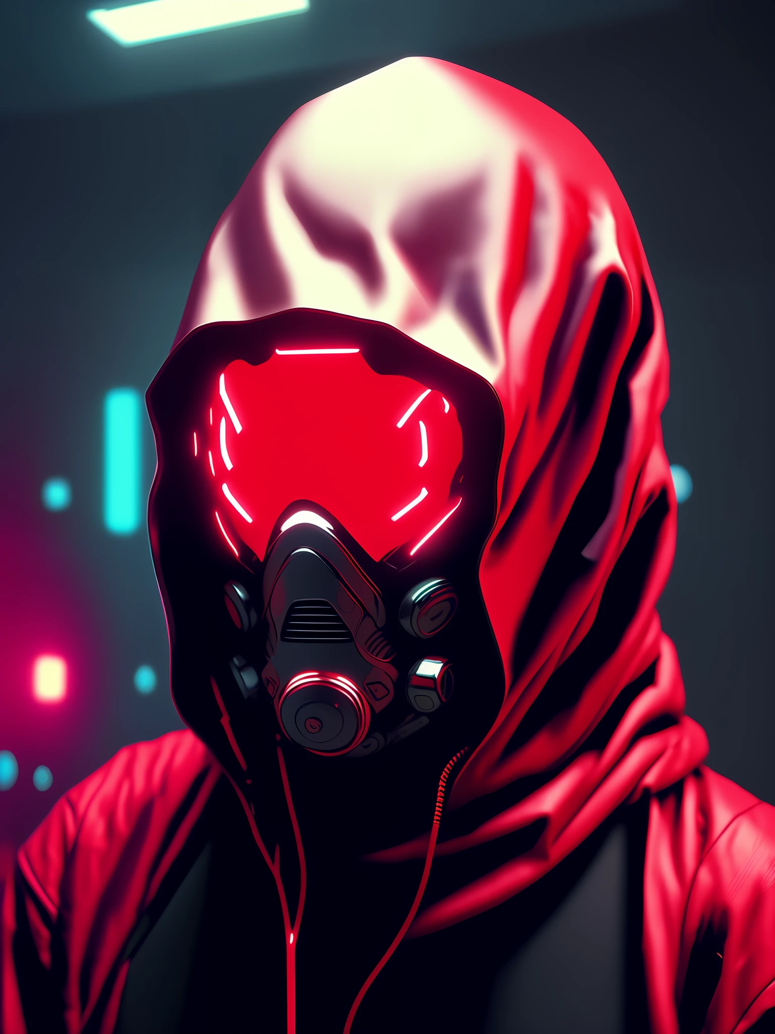 Estilo NeonNinja, close-up of a person with a red hood there is a large ball in the middle of a room, close-up of an electronic device on a table, Jabbawokezz mask