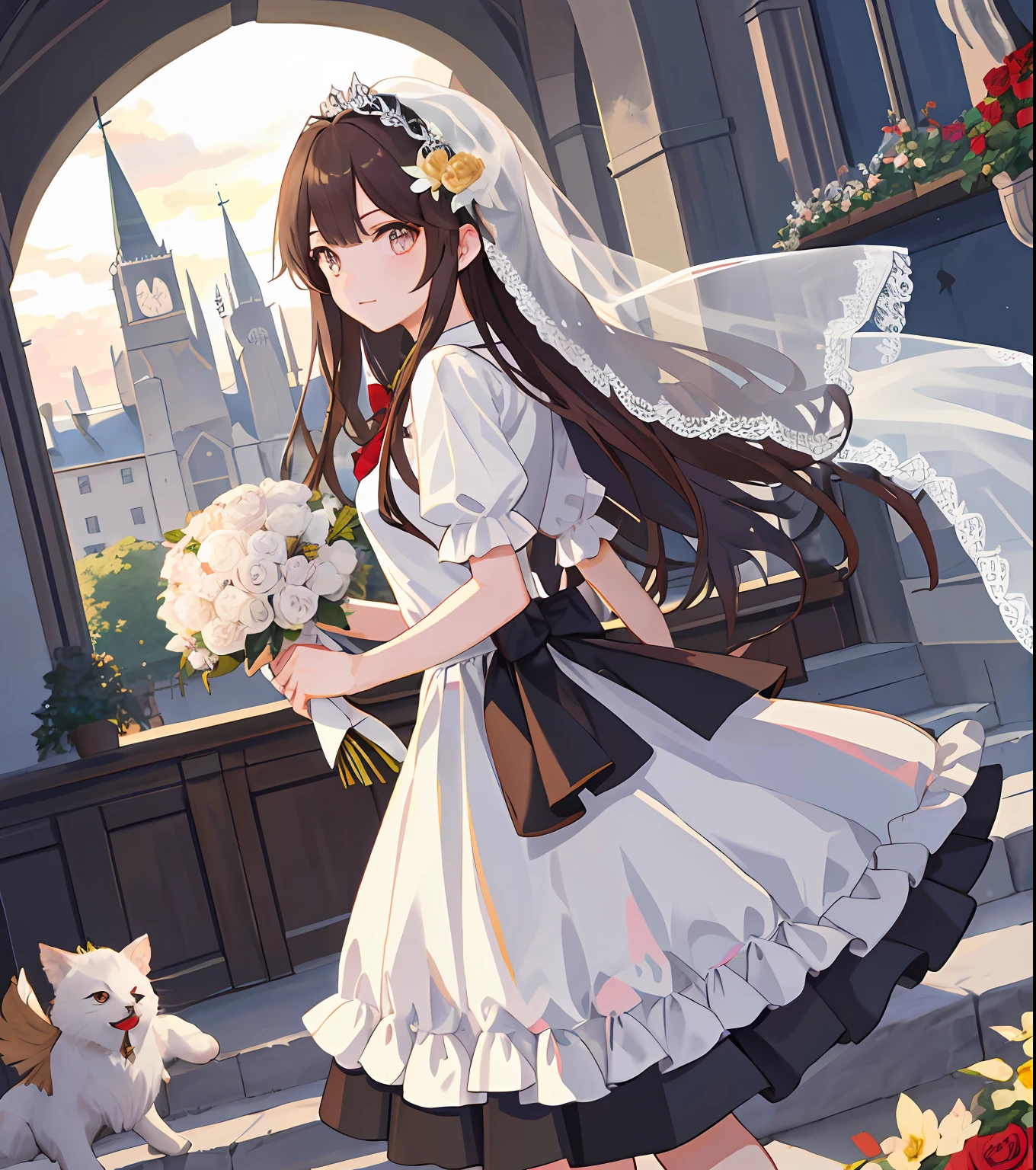 Masterpiece quality,The best quality assurance。A brown hair、Cute girl with golden eyes。Tsundere,Wear a short skirt,Exudes magic,With a rose headdress,Long hair flutters in the wind,Naughty,adolable,devil horns,In the daytime,divino,white church,Holy Church,Holding a bouquet of flowers,Wearing a snow-white wedding dress,Veil