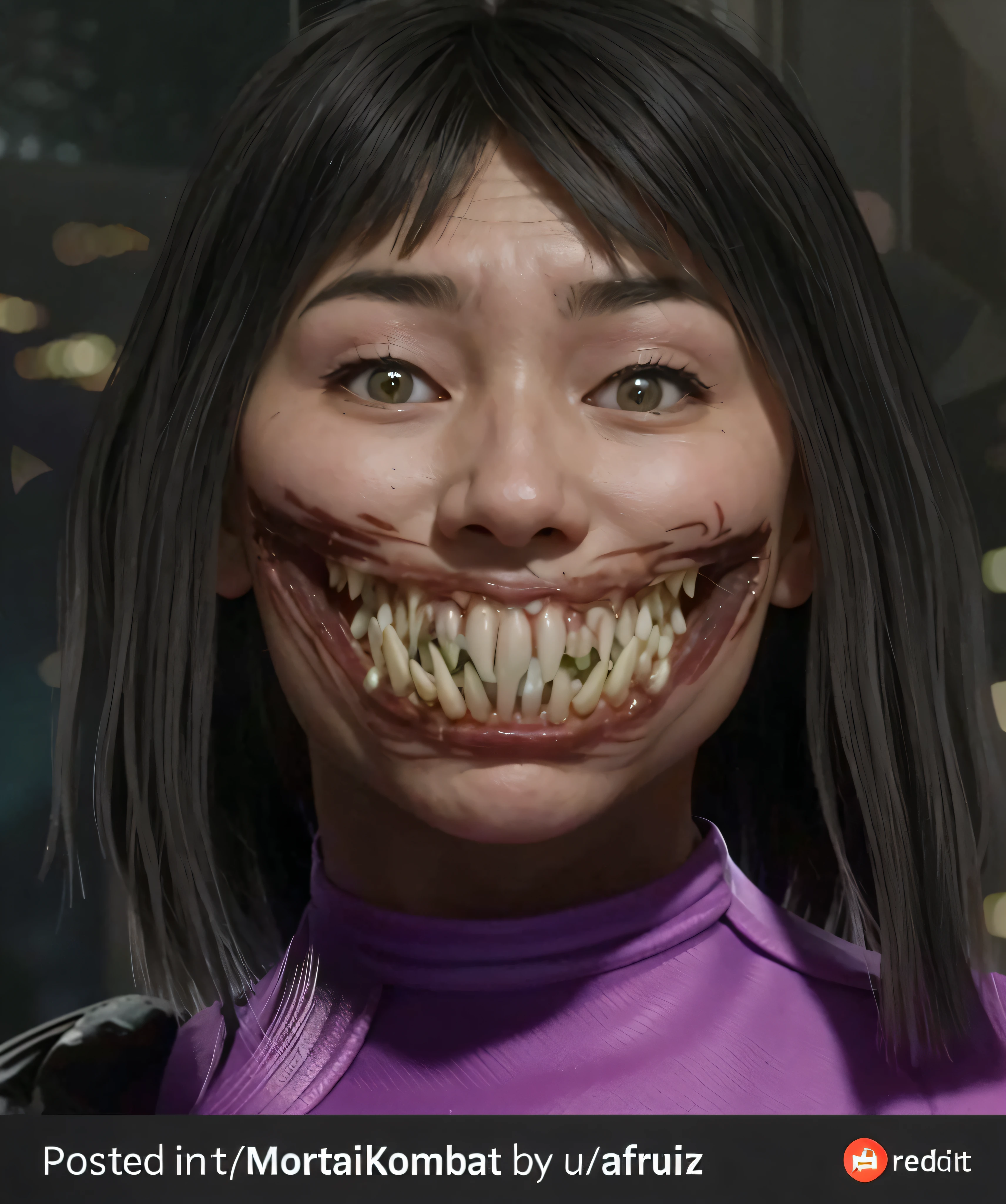 ((mileena))there is a woman with a creepy smile on her face, iu lee ji-eun as a super villain, horrifying grin. horror, horror smile, evil villain grin, scary smile, wide evil grin, hyper realistic anime, carnage fangs, screenshoxt from morbius (2022), unsettling grin, evil grin, venom fangs, dent wu