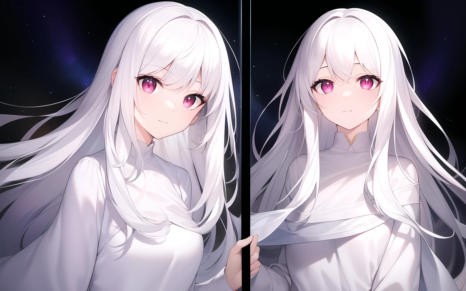 ((Masterpiece, Best quality))++, Detailed light+, Detail hair+, detail hand+ ,1girll, woman, Long hair, dark red eye, Beautiful eyes, Young gray hair,,(Beautiful white hair:1.5),(Beautiful detailed eyes), high resolution+, The shirt , White skirt, Glass tones, Reflective eyes, ((Halo)), {{Angle}} , extremelydetailedwallpaper, Original, butterflys,extreme light