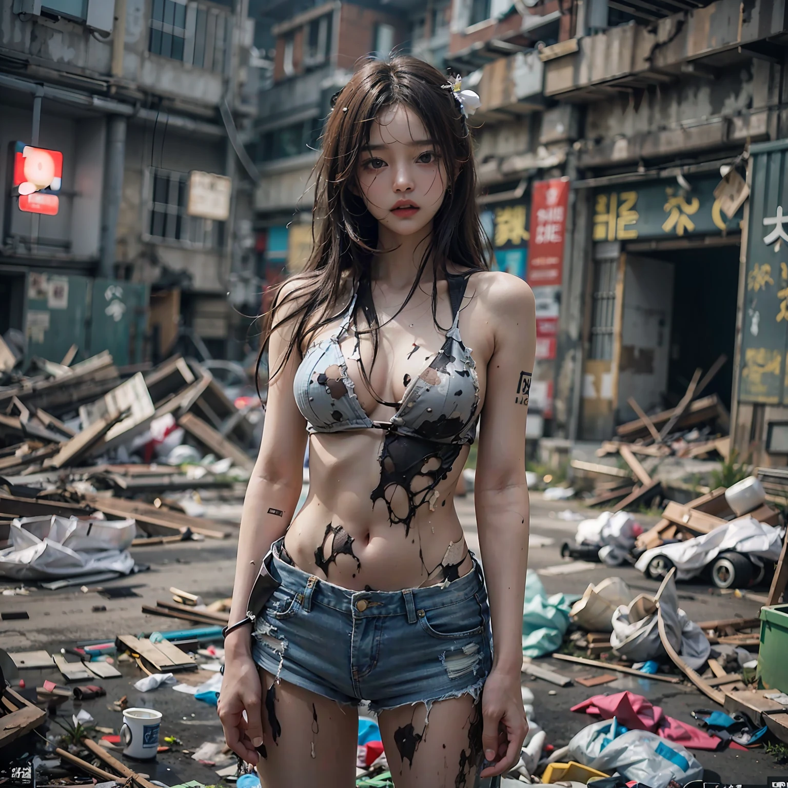 Cidade abandonada，A very cute extreme exhibitionist Korean girl，Sexy pose standing in ruins，Naked all over the body，Garbage all over the ground，grimy， tmasterpiece， Best quality at best， highly  detailed，Masterpiece，best qualtiy，Extreme image quality