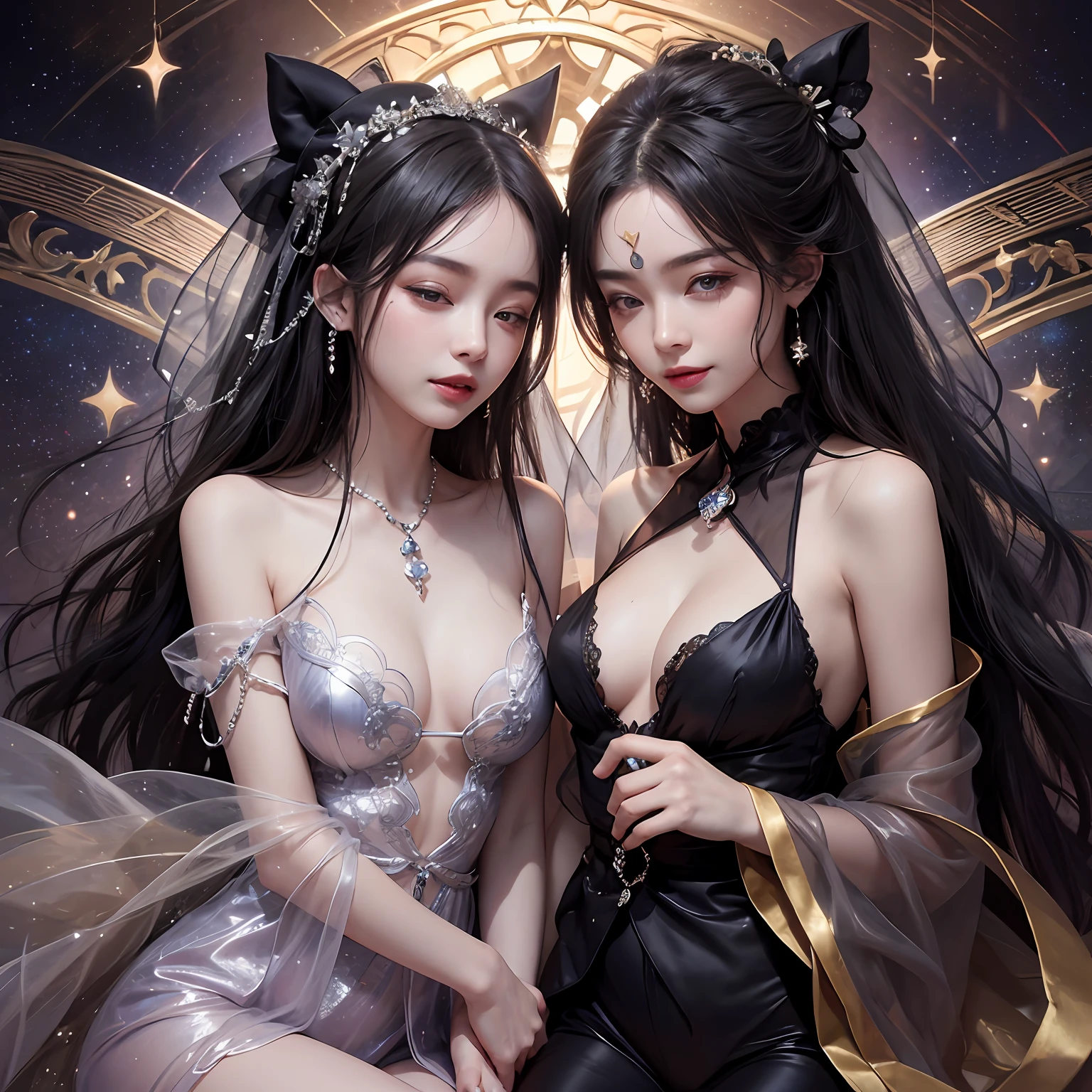 Black hair, Gradient hair, There are precious stones on the forehead, rimless eyewears, mouth veil, Sparkling pupils,long eyelasher, One eye closed, grin, hyper photorealism, Cinematic lighting, projected inset, surrealism, hyper HD, Masterpiece, 16k,Lie down in bed,In a dream,Wear transparent silk pajamas,twincest,entangled,Fantasy space,Luxurious space