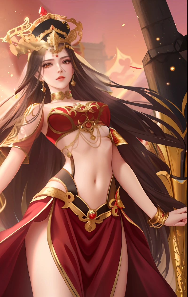 Close-up of a woman in a red dress,Wears a gold headdress, a beautiful fantasy empress, ((a beautiful fantasy empress)), xianxia hero, Portrait Chevaliers du Zodiaque Fille, inspired by Du Qiong, gilded lotus princess, inspired by Ju Lian, xianxia fantasy, sakimi chan, Anime goddess, astri lohne,Medusa,Queen of the Snake Man, Open navel