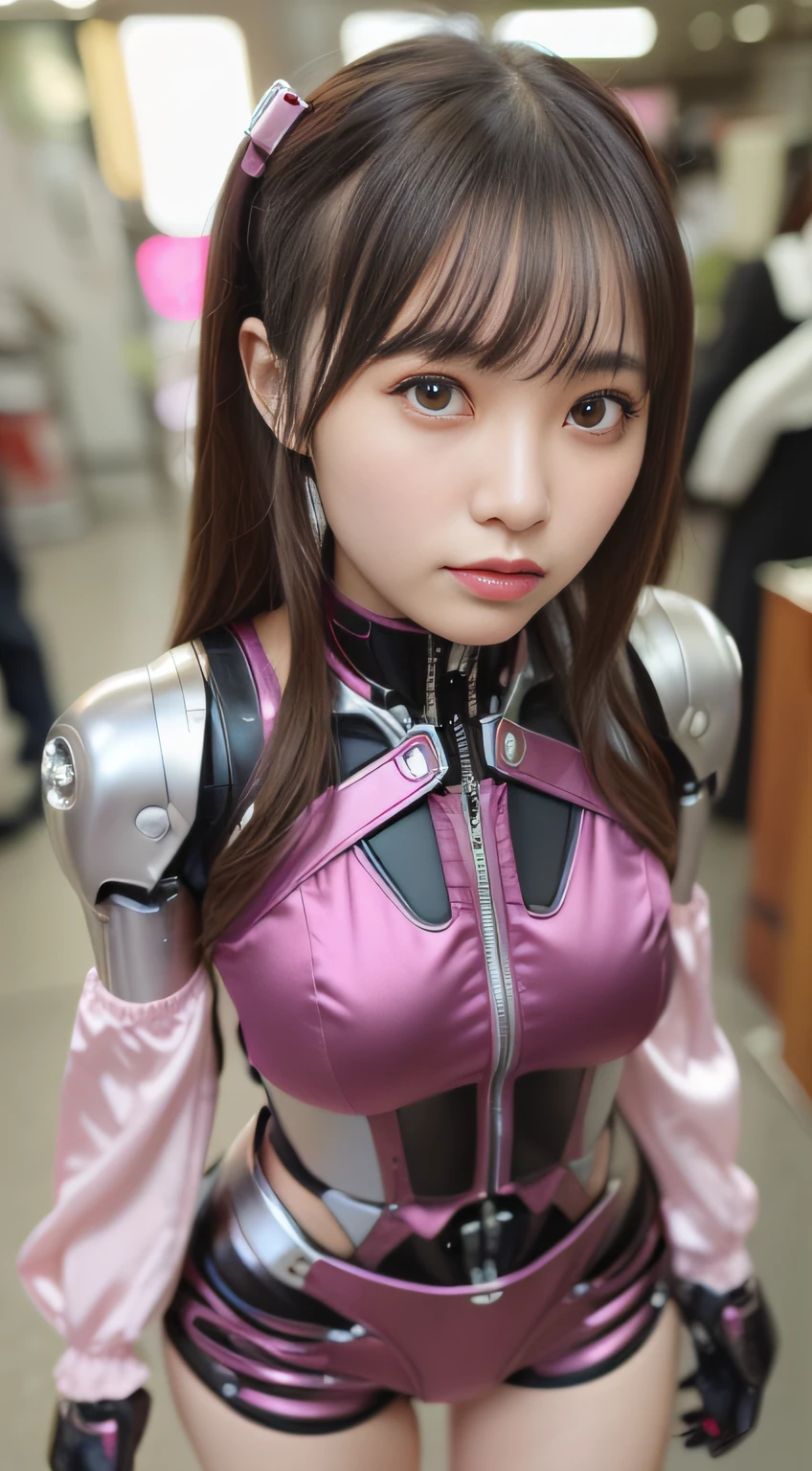 (Photorealsitic:1.4)、Onegirl、(top-quality),(hyperdetailed face)、(Super well-formed face)、((Robot Parts))、(Cyborg girl)、(Burgundy)、(metalic)、(fullllbody)、(sexy  pose)、(Slender body)、(tits out)、(Model body type)、(mecha exposure)、(akihabara)、(is looking at the camera)、(A dark-haired)、(９Head and body)、(a small face)、(Idol)、(front facing)、(is standing)、(Photo session)、(Looks sad)、(Cyborg girl in pink satin dress)、(sleeve less)、(a miniskirt)