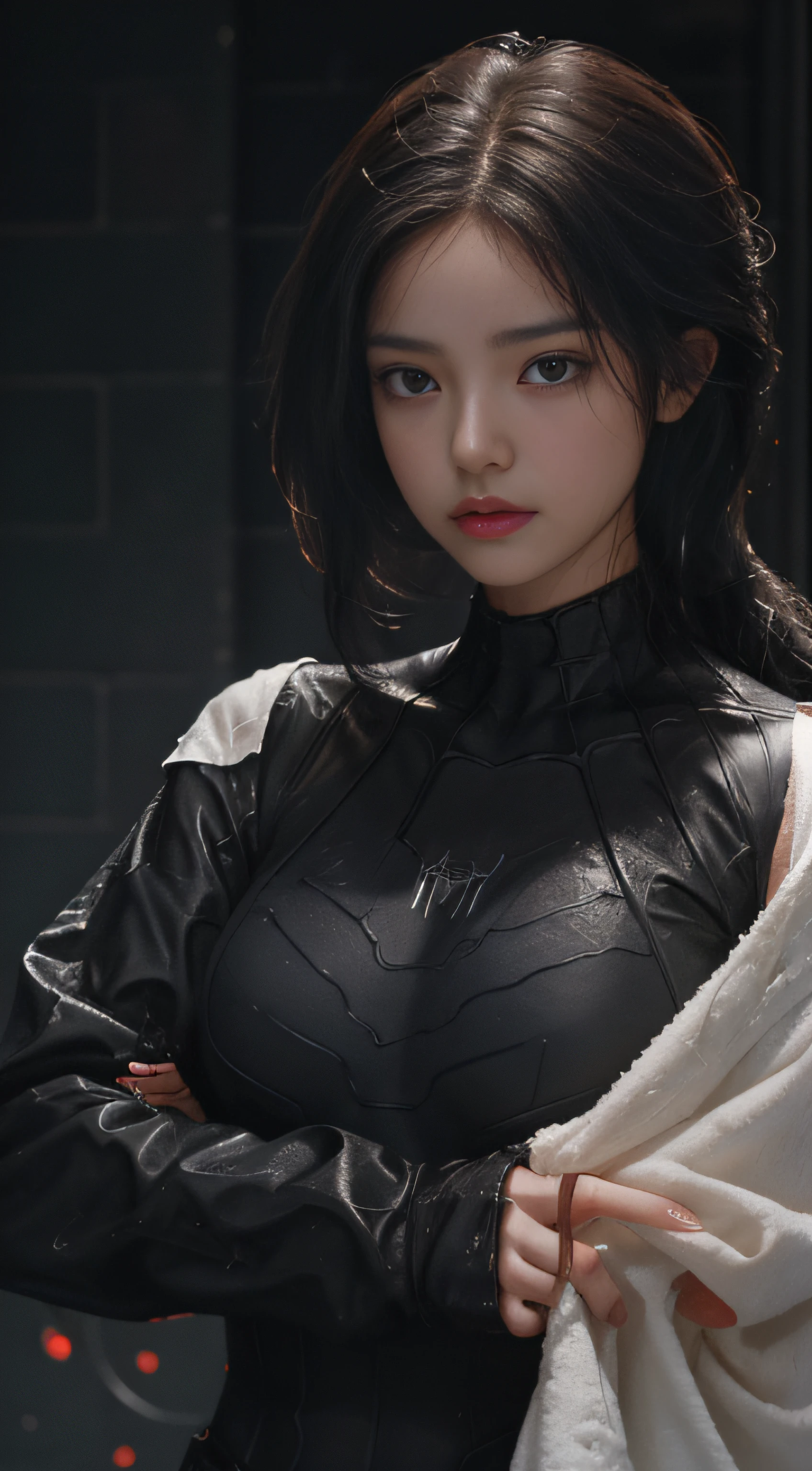 A mech girl，He has a delicate and beautiful face，（（Black semi-mechanical body）），Spider-Man from Marvel，filmgrain，Splashed lotion，Clothes are soaked，It was drizzling，Soaked clothes