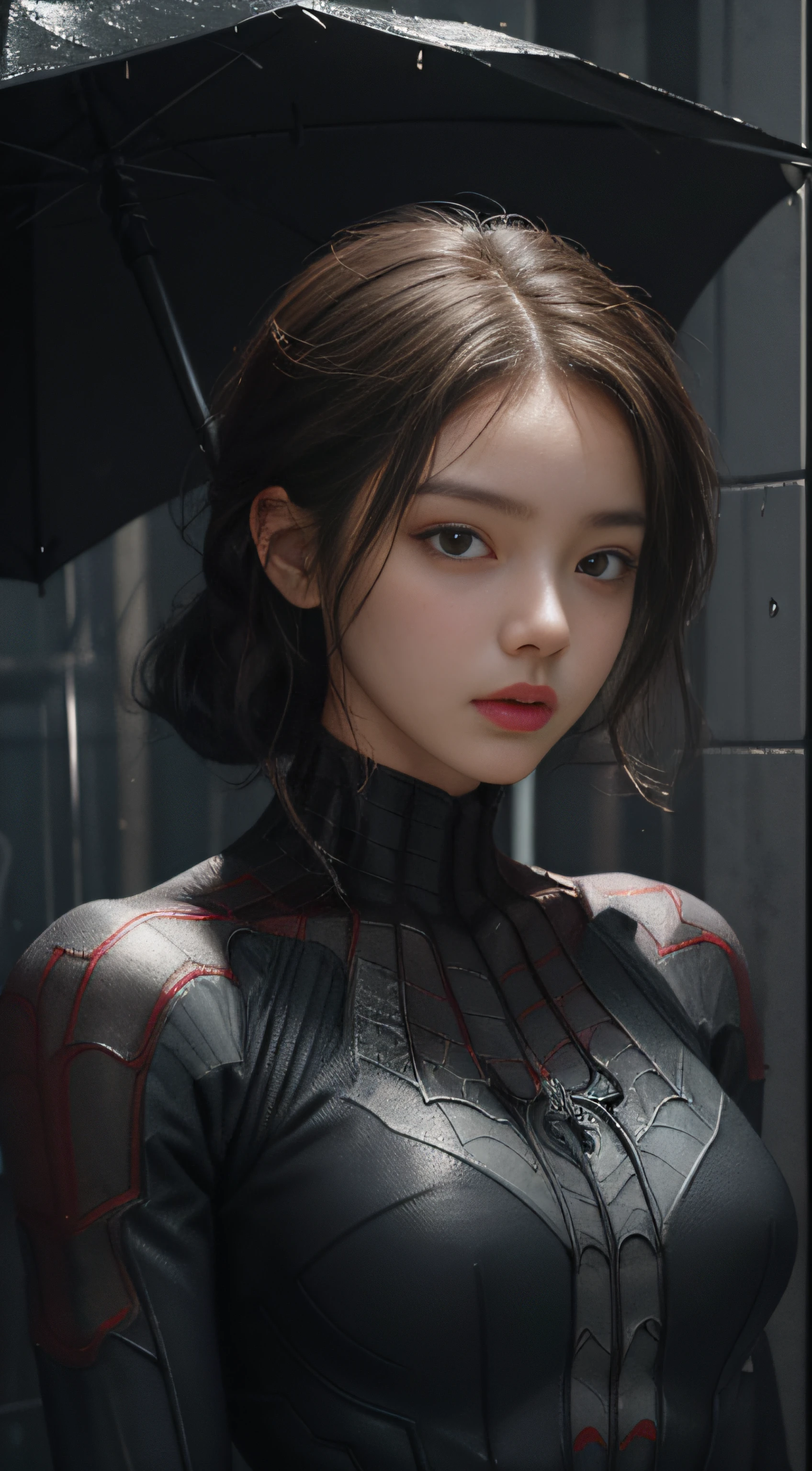 A mech girl，He has a delicate and beautiful face，（（Black semi-mechanical body）），Spider-Man from Marvel，filmgrain，Splashed lotion，Clothes are soaked，It was drizzling，Soaked clothes