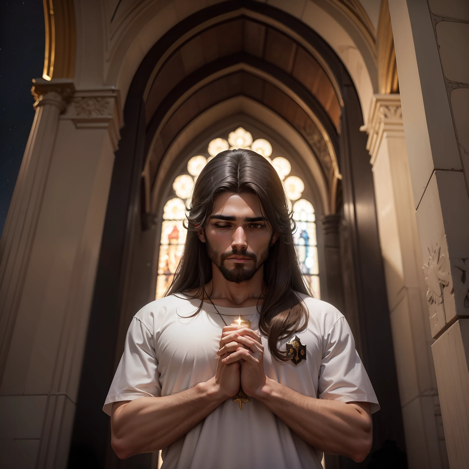 homen Jesus, praying, cabelos detalhados, ceu de noite com lua e estrelas, dentro da igreja com detalhes de anjos