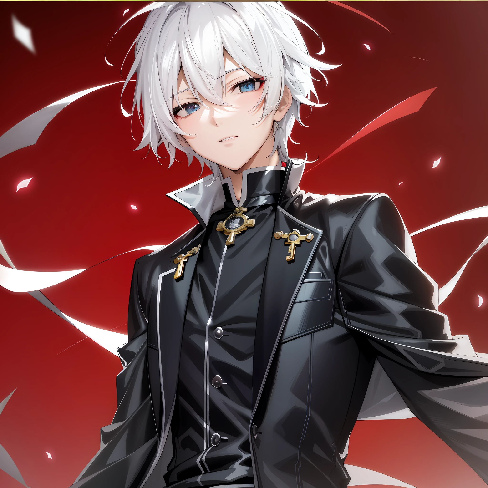 Anime - Stylistic image of a man in a white suit,With red and black trim, Best anime 4k konachan wallpaper, Keqing from Genshin Impact, Tall anime guy with blue eyes, hajime yatate, male anime character, Key anime art, Detailed key anime art, Genshin impact's character, Beautiful androgynous prince, White-haired god