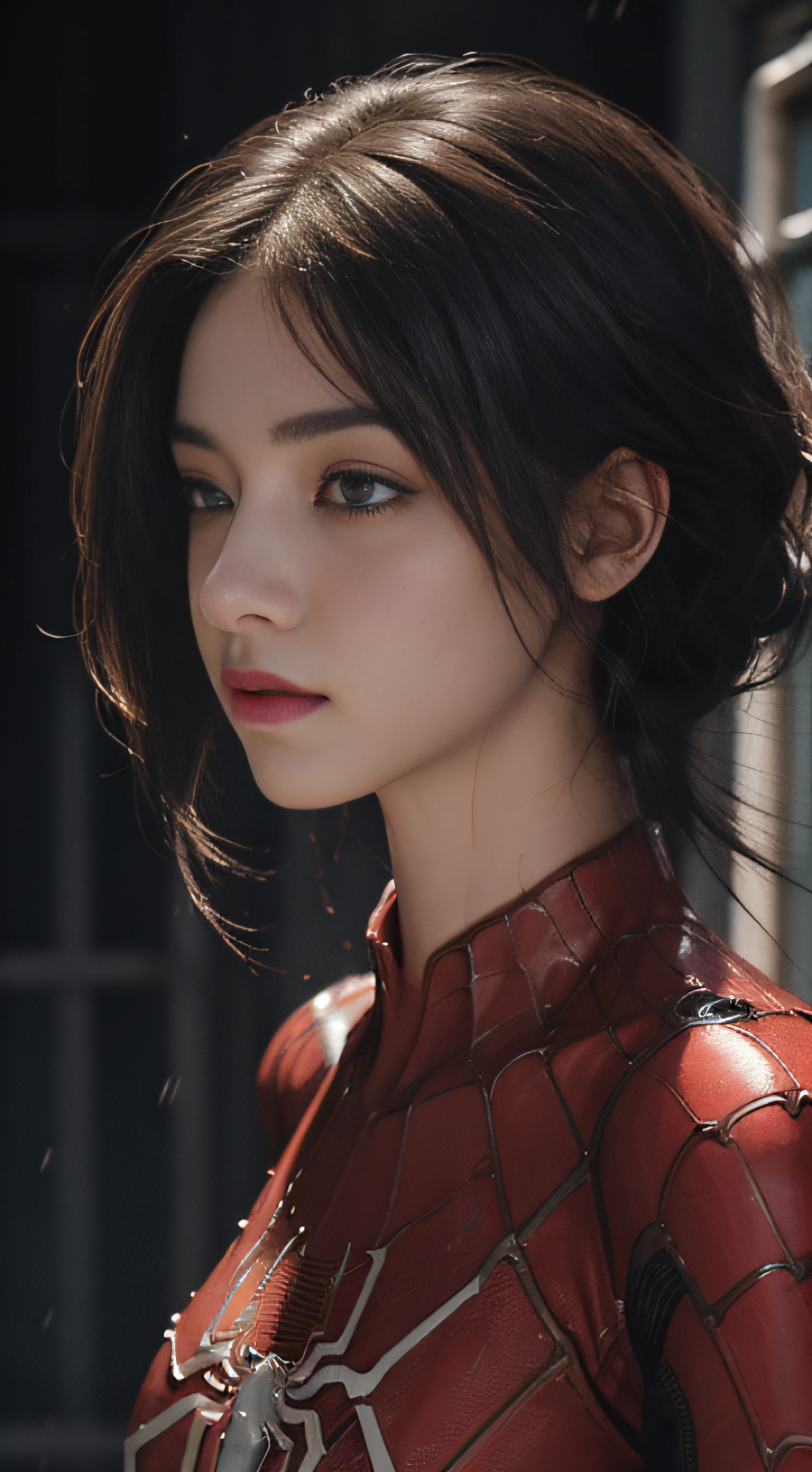 A mech girl,He has a delicate and beautiful face,((Red semi-mechanical body)),Spider-Man from Marvel,filmgrain,Splashed lotion,Clothes are soaked,It was drizzling,Soaked clothes