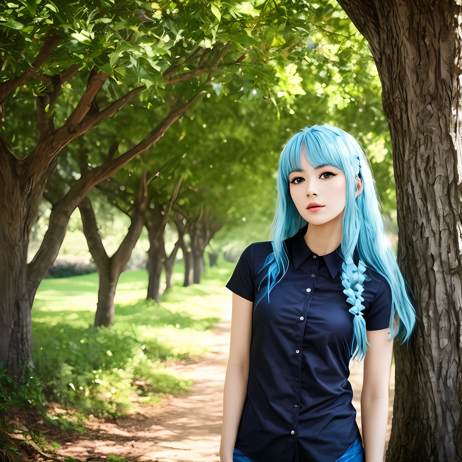 quadratic element,blue hairs,Single horsetail,black shirt,Dark blue eyes,grown woman,Sunny lovely,Stand under a big tree,naturey,super high image quality,filigree