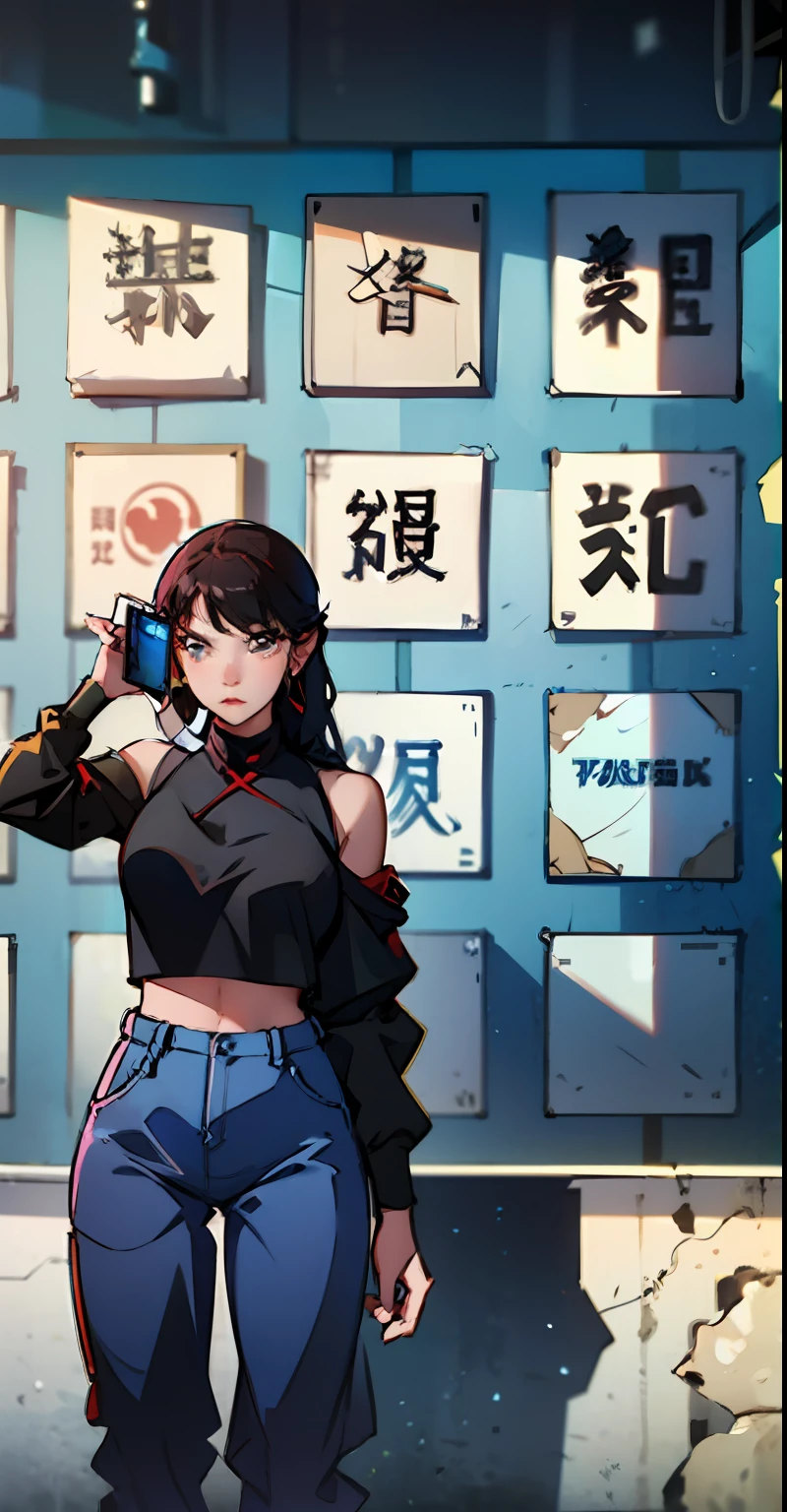 arafed woman in a blue crop top and black pants standing in front of a wall of cell phones, inspired by Cheng Jiasui, wenfei ye, xision wu, ((wearing a sexy blue cropped top)), taken in 2 0 2 0, inspired by Sim Sa-jeong, appearing in a shopping mall, in an art gallery], inspired by Lu Guang, wei wang, black and white, line art