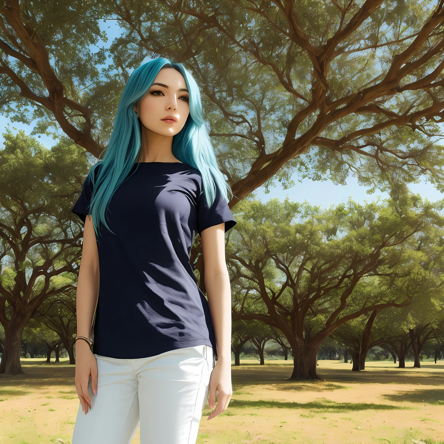 quadratic element，blue hairs，Single horsetail，black shirt，Dark blue eyes，grown woman，Sunny lovely，Stand under a big tree，naturey，super high image quality，filigree