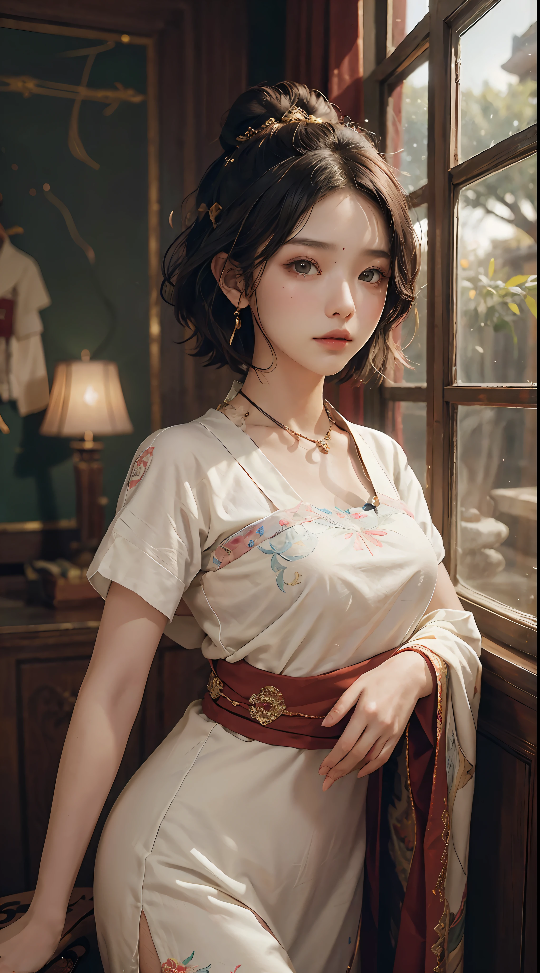 (RAW Photography、top-quality)、(realisitic、Photorealsitic:1.3)、top-quality、high-detail、masterpiece、ultra-detailliert、illustratio、1girl、((very_short_hair))、dynamic ungle、world masterpiece theater、messy_black_hair、top-quality、the Extremely Detailed CG Unity 8K Wallpapers、inky、magnifica、电影灯光、lens_flare、dunhuang_style