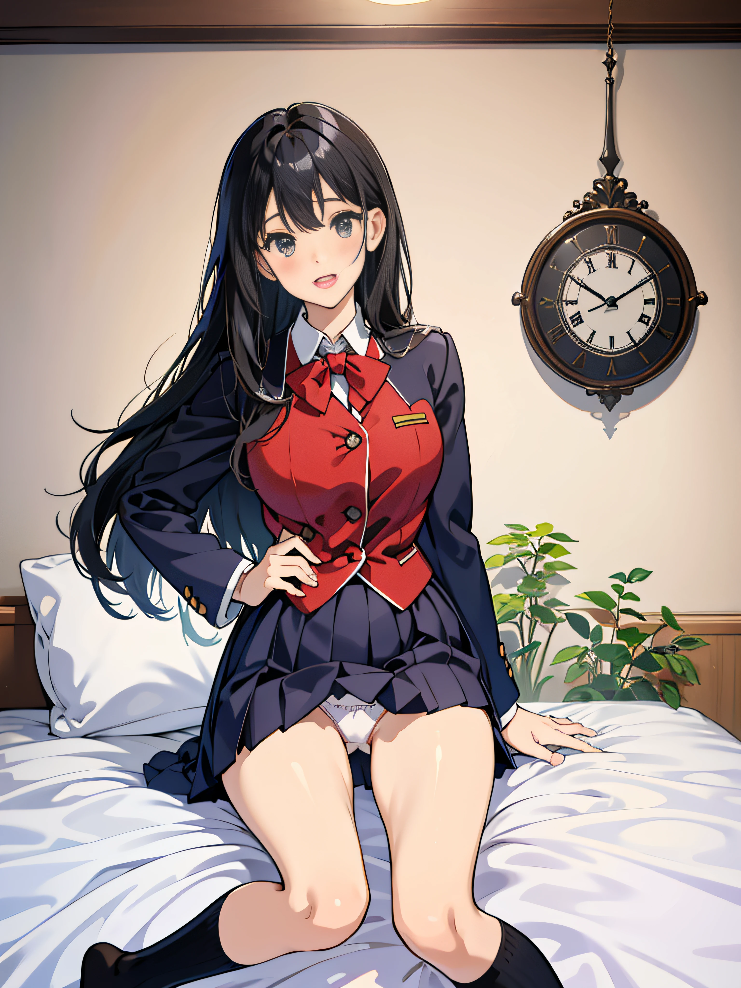 cute little、 lightsmile,Beautie, Anime style, ghibli-like colors, Blazer Uniform、、I'm inviting、on the bed、A dark-haired、White underwear、Take off your underwear halfway、You are showing me your pubic area、Straight hair、Glamour、is open、Colossal tits、de pele branca、Black socks、Eagerness to show、I'm excited、wide-open legs、Very embarrassing、red blush。 Best Quality , Textured skin、 Super Detail, high details, High quality、、masturbation、Crotch facing me,Semi-long hair、I'm、Open mouth、Trying to take off your panties、