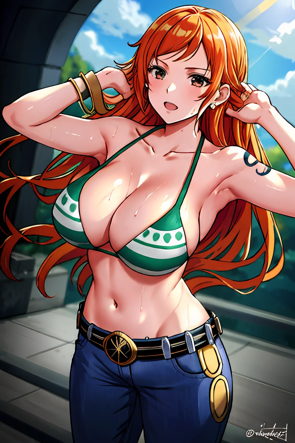 detailed background, masterpiece, 4k, best quality, late youth, adult, wrestler body, 1girl, active, energic, uppercut, (large mouth) , solo, nami \(one piece\), 1girl, bangle, (very wet, drenched in sweat, sweat all over body, very wet hair, tired, taking breath, open mouth, hand on stomach, sweaty face, sweaty body, panting, sweating too much, shiny sweat, sweat stains, leaning, tilting), perfect detailed face, bold drawing lines, muscular arms, detailed bold arm lines, flat jaw, adult woman, wavy wide streaked bangs, floating bang streaks, (big cheeks), bare shoulders, off-shoulders, belt, bikini, bikini top only, blue sky, bracelet, springy breasts, breast lines, big round eyes, plain big brown shiny eyes, bubbles, high eye position, cleavage, cloud, day, denim, earrings, floating hair, shiny hair, green belt, green bikini, bold groin lines, jeans, jewelry, large breasts, log pose, long hair, looking at viewer, navel, wet hair, orange hair, pants, shoulder tattoo, sidelocks, sky, solo, standing, stomach, swimsuit, tattoo , looking at viewer, open mouth, detailed left arm, big forehead, hourglass figure, small head, toned body, wide hair, wind effect, sun effect, under the sun, narrow small ears angle, older, random poses,