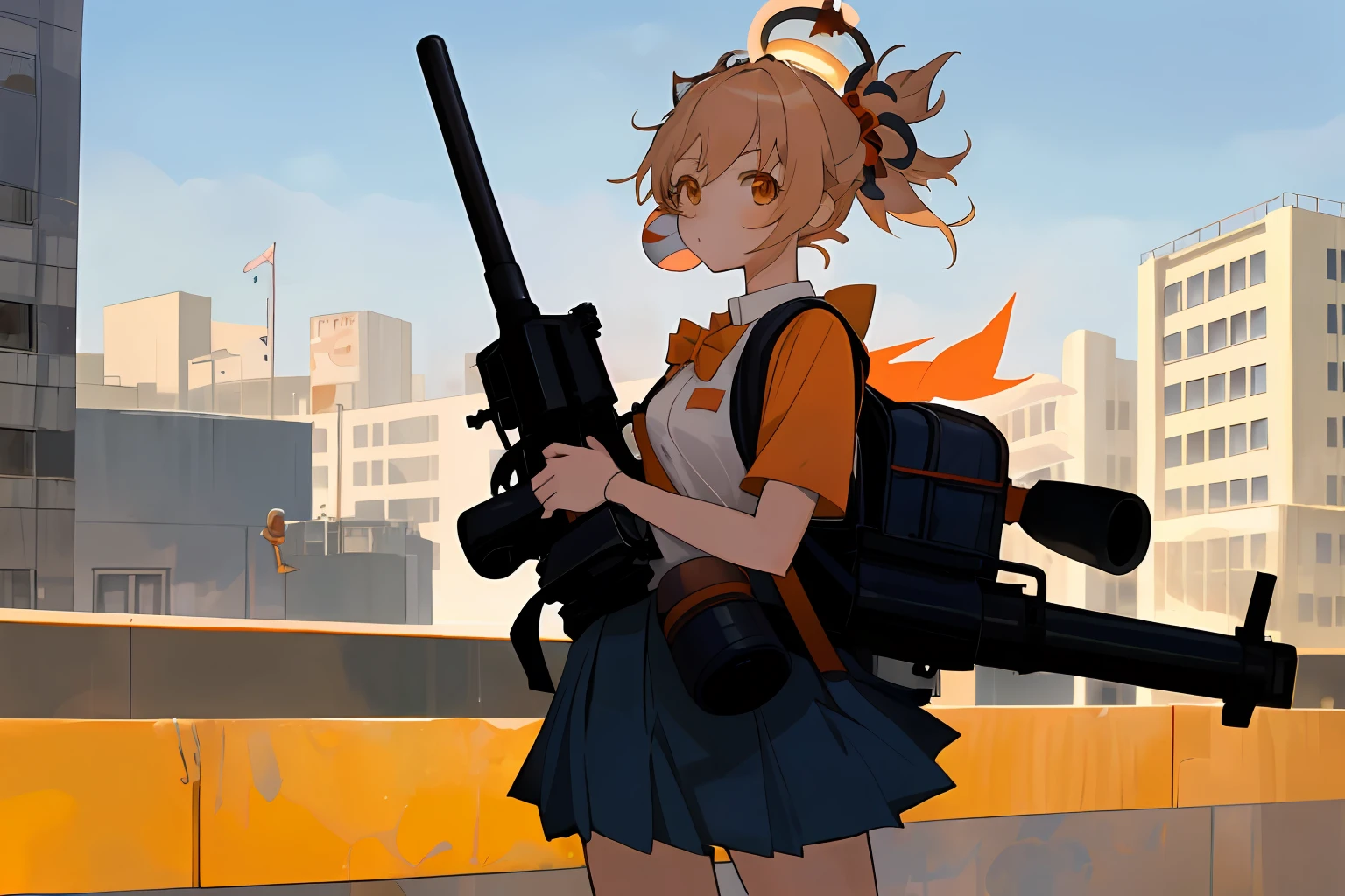 "1 girl, Yoimiya wearing a school uniform, with an orange halo on her head, holding a minigun, carrying a cute white backpack on her back, against the backdrop of a vibrant bright cloudy blue sky in a modern city, reminiscent of the world of Blue Archive, surrounded by buildings of Kivotos."