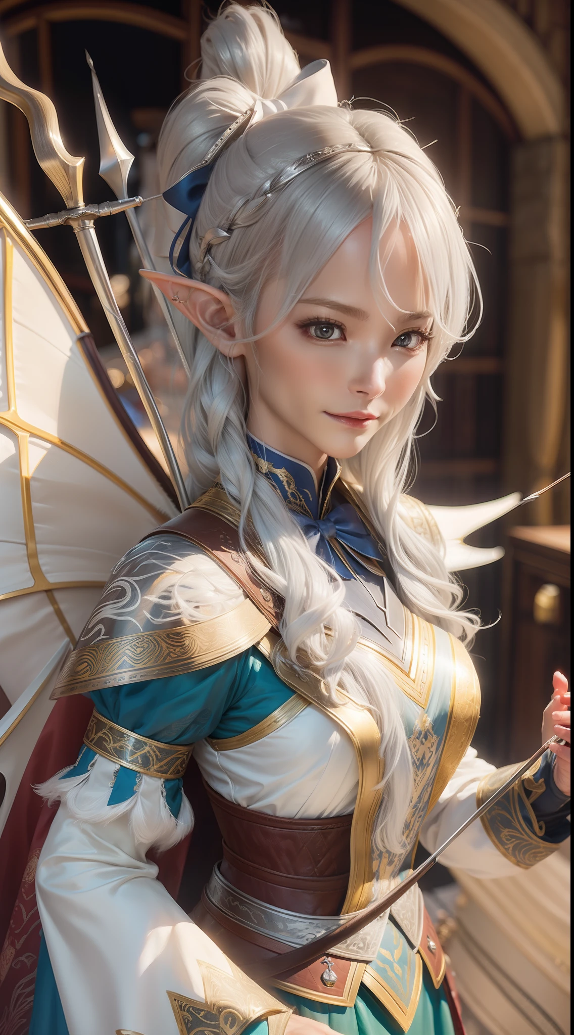 (Dragon Valley)(Yali), Silver hair, photorealistic portrait, 4K, highest details,Fighting posture, highly detailed, bow and arrows,large wings,Smoothness, tack sharp focus, cinmatic lighting, 废墟,epcot,edge lit, twotonelighting, the elf,