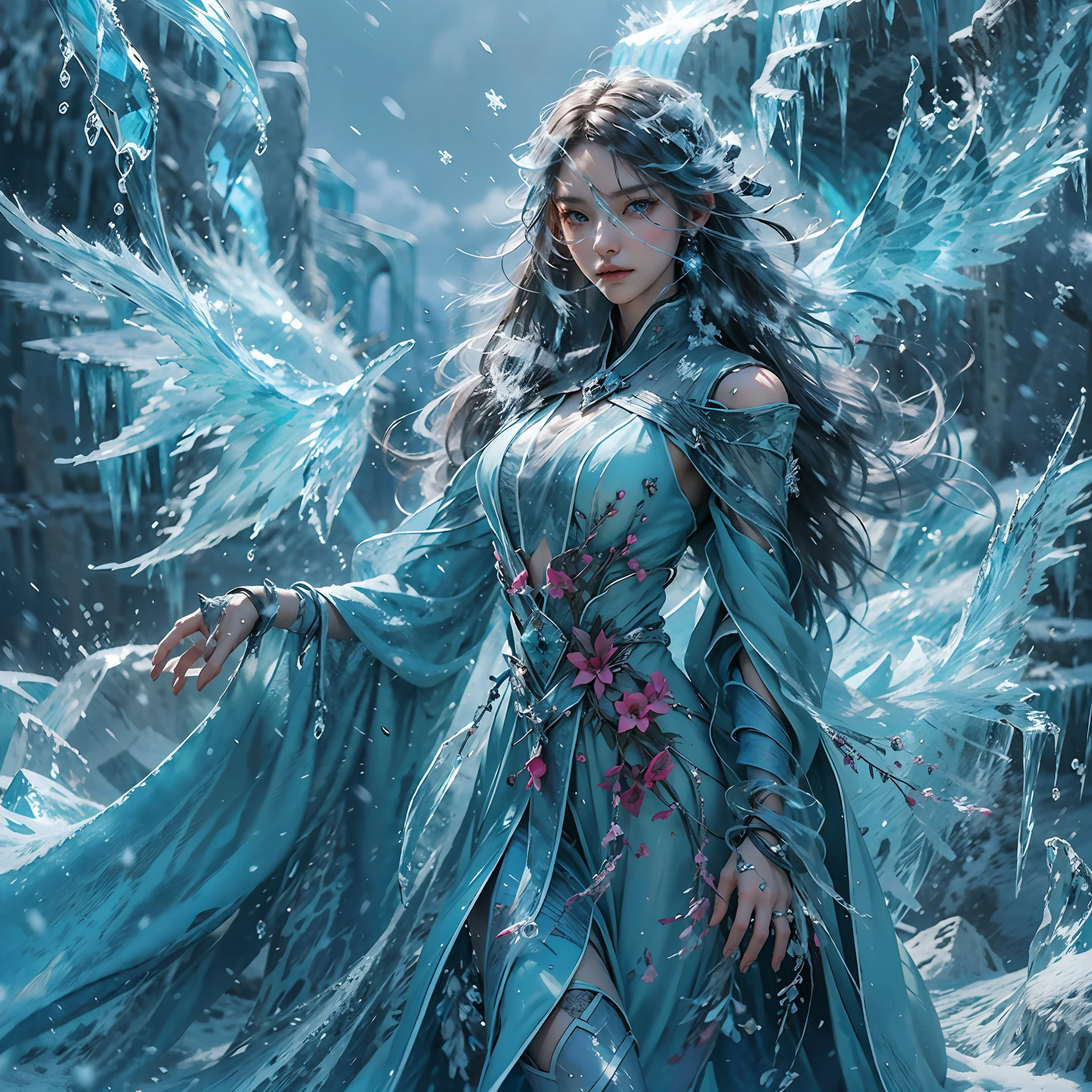 (((1girll)))，Imperial water，A magician，（Loose dress：1.5），（Perfect facial features：1.4），（Blue silk robe），（Mysterious magic formations：1.2），Blue glow，（Frost wings），(((Powerful ice magic)))，(((Icicles)))，Towering over the landscape，Blue light cold light，(((Ice storms)))，Wind，((Flying snow ice and snow))，Amazing results，,best qualityer,tmasterpiece,超高分辨率,finely detailled,Complicated details,8K分辨率,8KUCG wallpaper,hdr,water blue,Magic Array,Cinematic lighting effects,lightand shade contrast，Ray traching、NVIDIA RTX